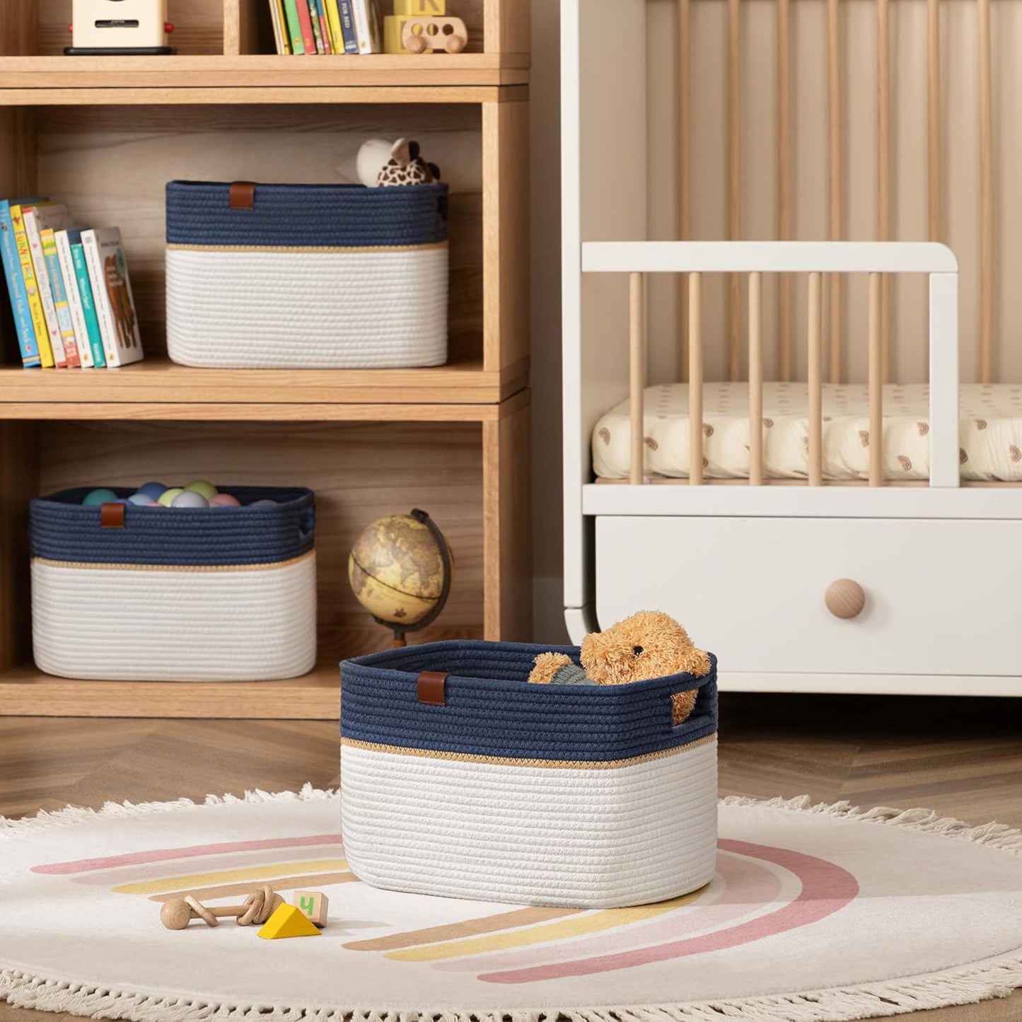 UBBCARE 4 Pack Baskets for Organizing, Woven Storage Baskets with Label for Toys and Towel, Rectangle Cotton Rope Basket with Handles, 15''L x10''W x9''H, Navy Blue&White