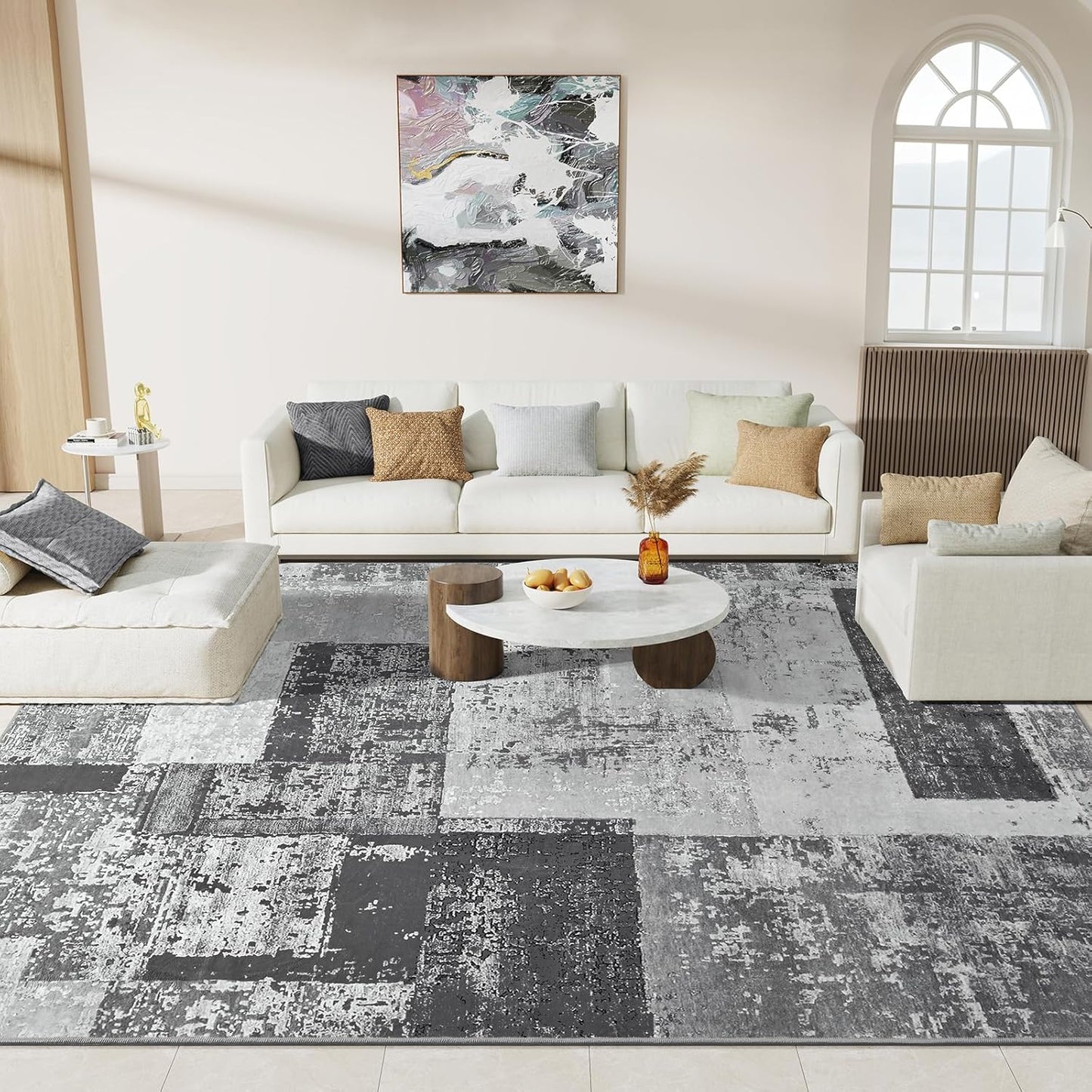 LOCHAS Rug for Living Room, Washable Soft Area Rugs for Bedroom 8x10, Abstract Carpet for Indoor Office Kids Dining Room Nursery Floor, Grey Geometric Vintage Home Decor, Non Slip, Pet Child Friendly