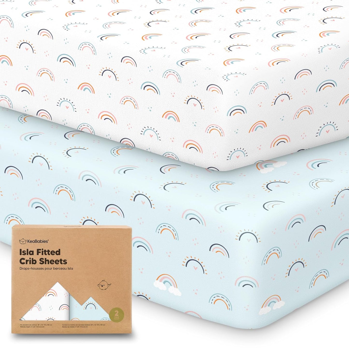 KeaBabies 2-Pack Baby Crib Sheets for Boys, Girls - 52x28 Viscose Derived from Bamboo Toddler Bed Sheets Neutral, Fitted Crib Mattress Cover for Standard Baby Bedding, Soft & Cozy (Jolly Rainbow)