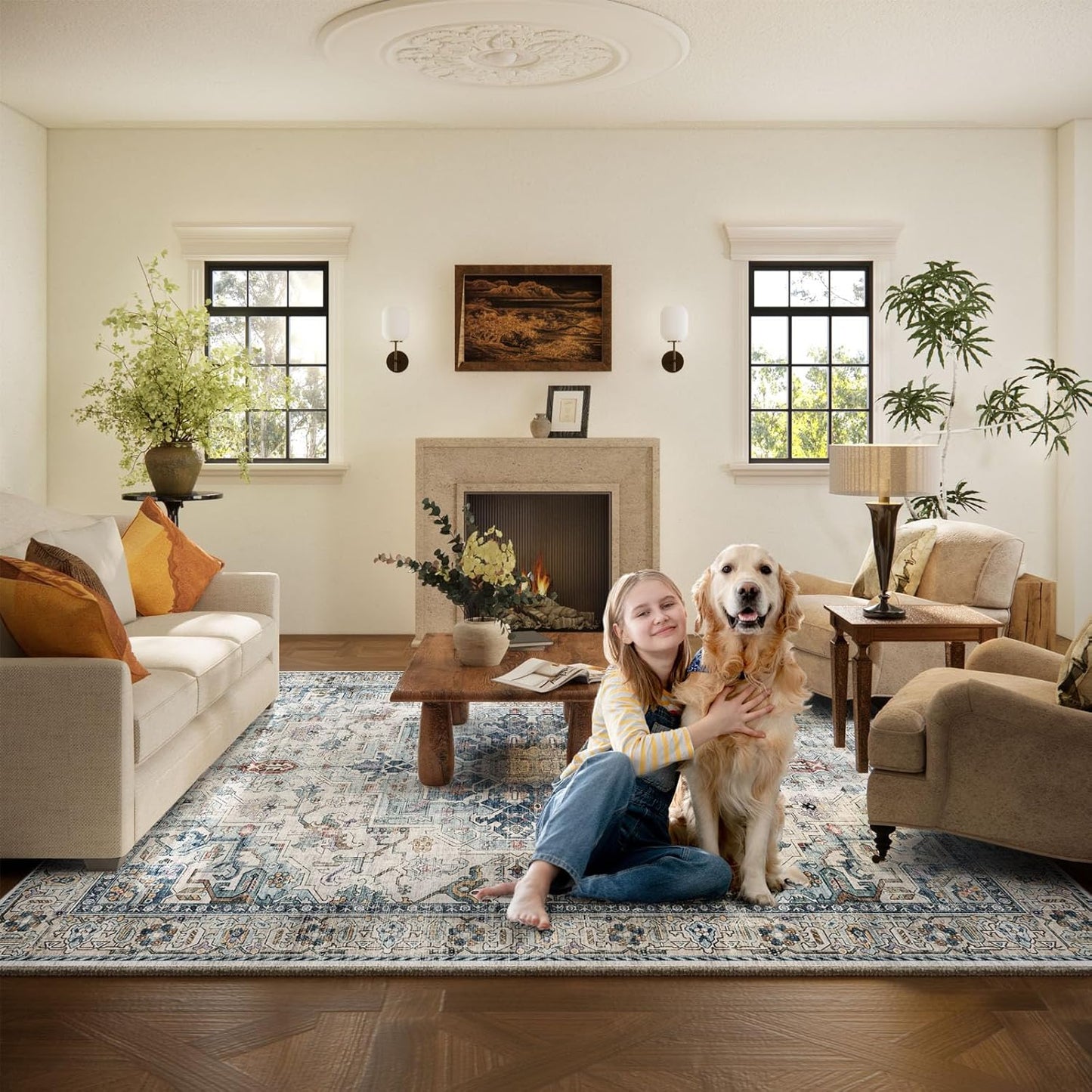 9x12 Area Rugs for Living Room: Washable Bedroom Rug Boho Vintage Rugs Stain Resistant Non Slip Low Pile Soft Lightweight Carpet for Kitchen Dining Room Farmhouse Nursery Kids Room Home Office