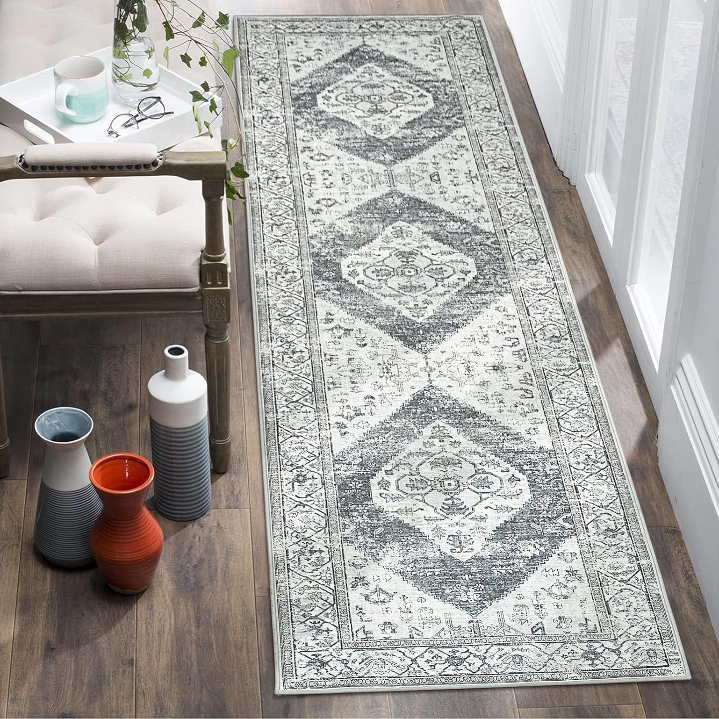 Lahome Boho Hallway Runner Rug 2x6, Washable Untra-Thin Non-Slip Kitchen Runner, Oriental Distressed Print Rug for Entryway Bathroom Laundry Room Bedroom, Grey