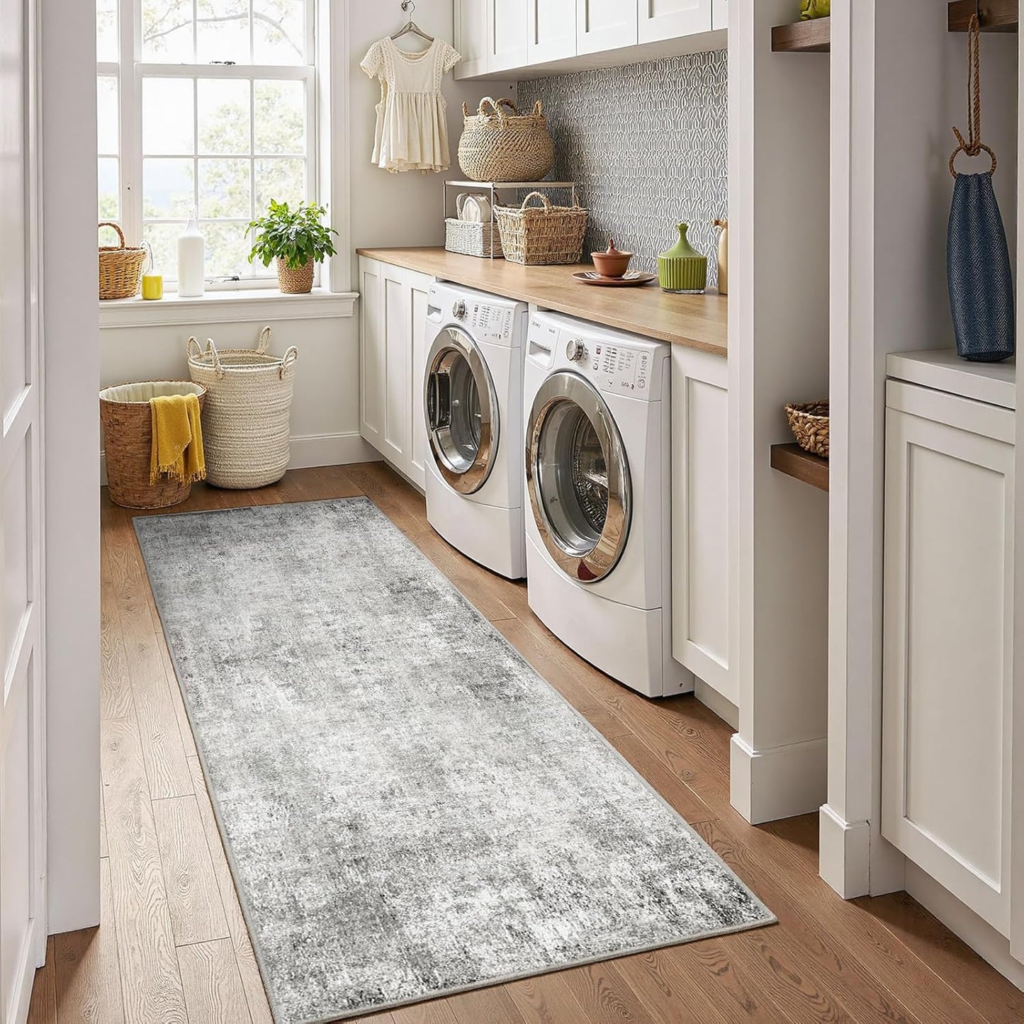 Washable Area Rugs 2'x8' Non-Slip Modern Abstract Soft for Living Room Entryway Bedroom Nursery, Print Pattern, Gray White Grey