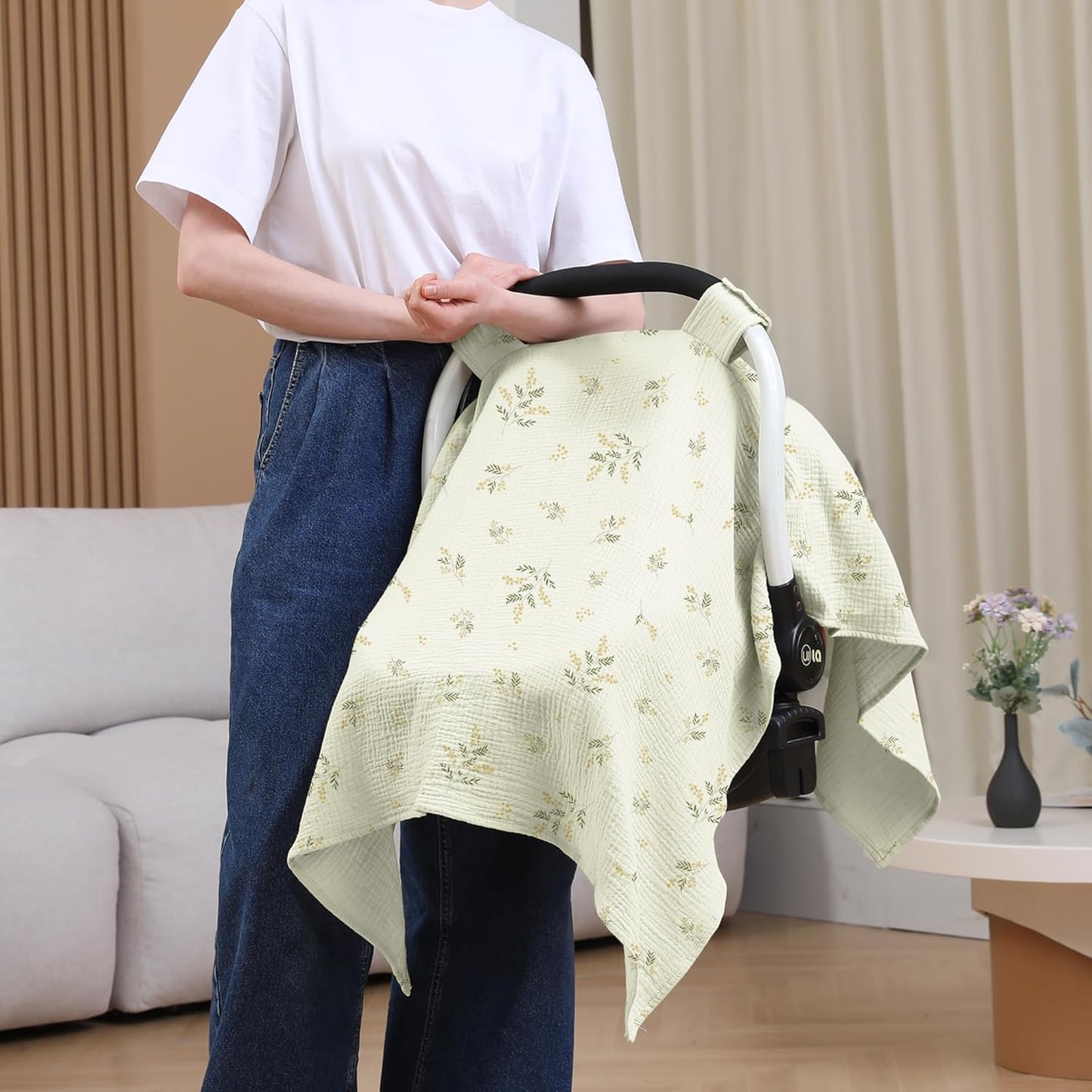 100% Muslin Cotton Car Seat Cover Baby, Carseat Canopy Cover, Universal Fit Stroller Covers for Boys and Girls (Green Beige Leaf)