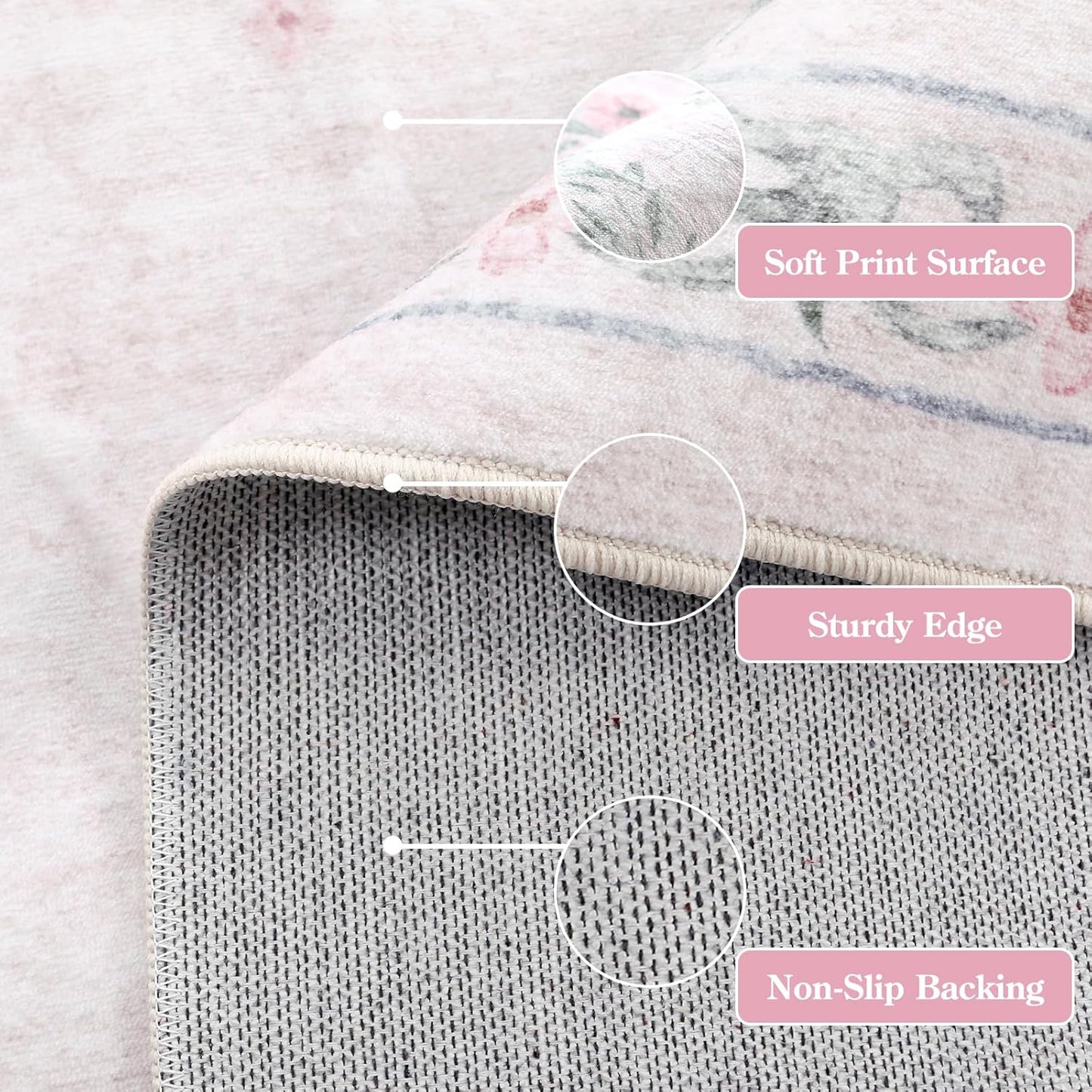 Wonnitar Floral Bow Pink Rug for Bedroom, Washable 5x7 Area Rug for Girls Nursery, Ultra-Thin Non Slip Soft Boho Carpet for Kids Room Dorm Living Room, Light Pink