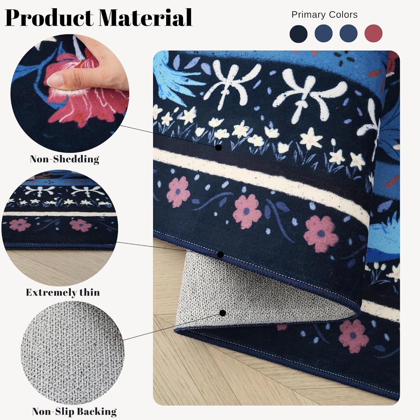 Runner Rug for Kitchen Rug Non Slip 2'x6' Washable Rugs with Rubber Backing Soft Vintage Floral Botanical Carpet Runner for Kitchen, Laundry, Bedroom, Bathroom, Blue