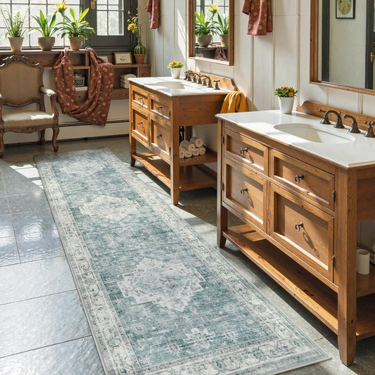 LIVEBOX Washable 2.5x8 Runner Rugs for Entryway Bathroom, Boho Kitchen Floor Mats Long Rug Runners for Hallways Non Slip, Farmhouse Low-Pile Carpet Runners for Laundry Room, Blue