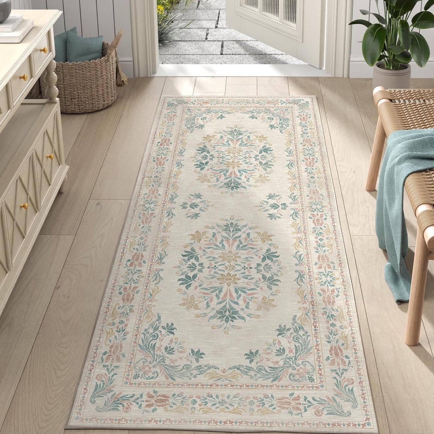 jinchan Vintage Floral Runner Rug 2x5 - Machine Washable Distressed Design Non-Slip Low-Pile Soft Thin Carpet for Hallway Kitchen Farmhouse Bedroom Entryway Laundry Room (2x5ft,Apricot Multi)