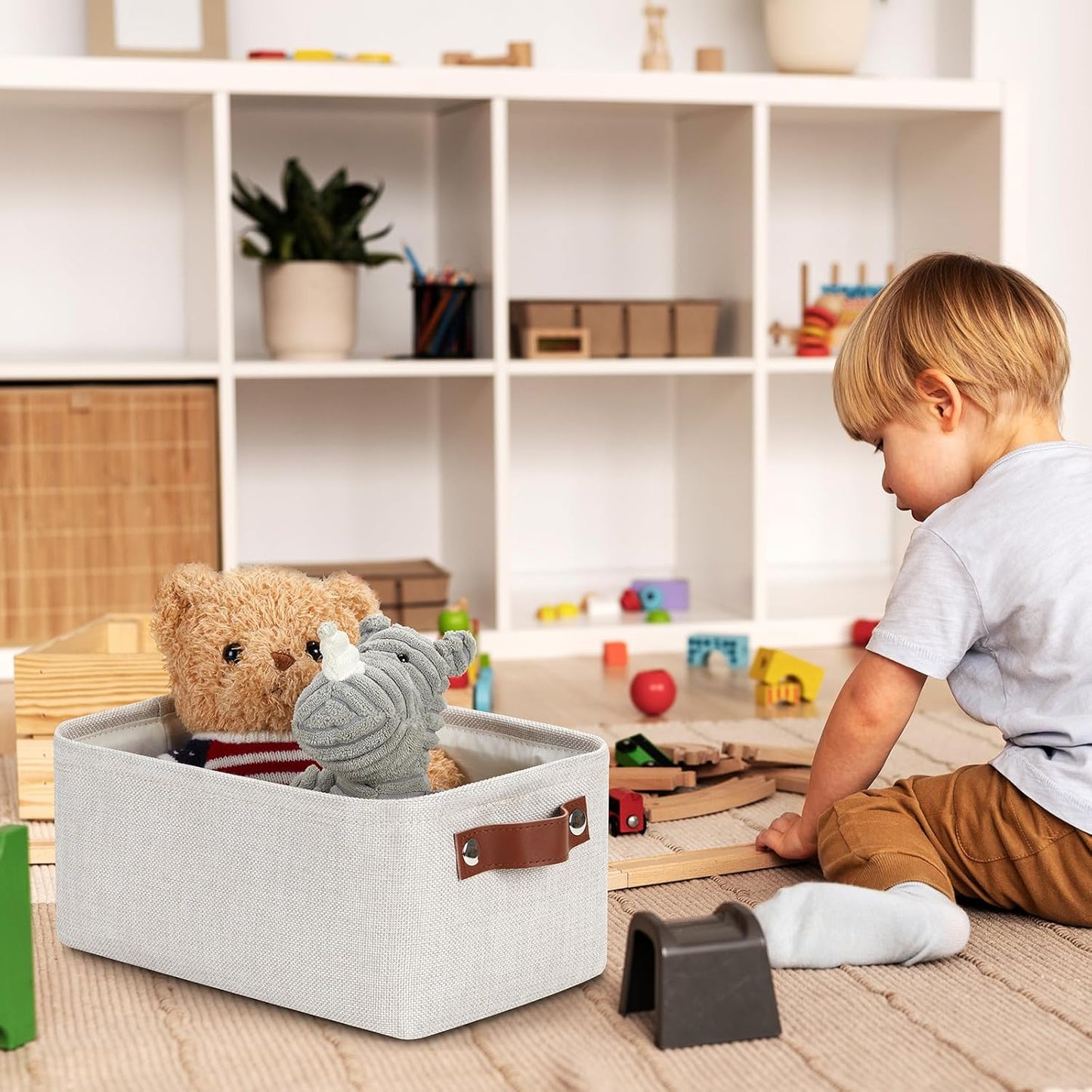 DULLEMELO fabric storage baskets | 11.8x7.9x5.1 inch small baskets for organizing Closet Set of 2 cloth storage baskets | rectangle storage basket with PU Handles (Beige)