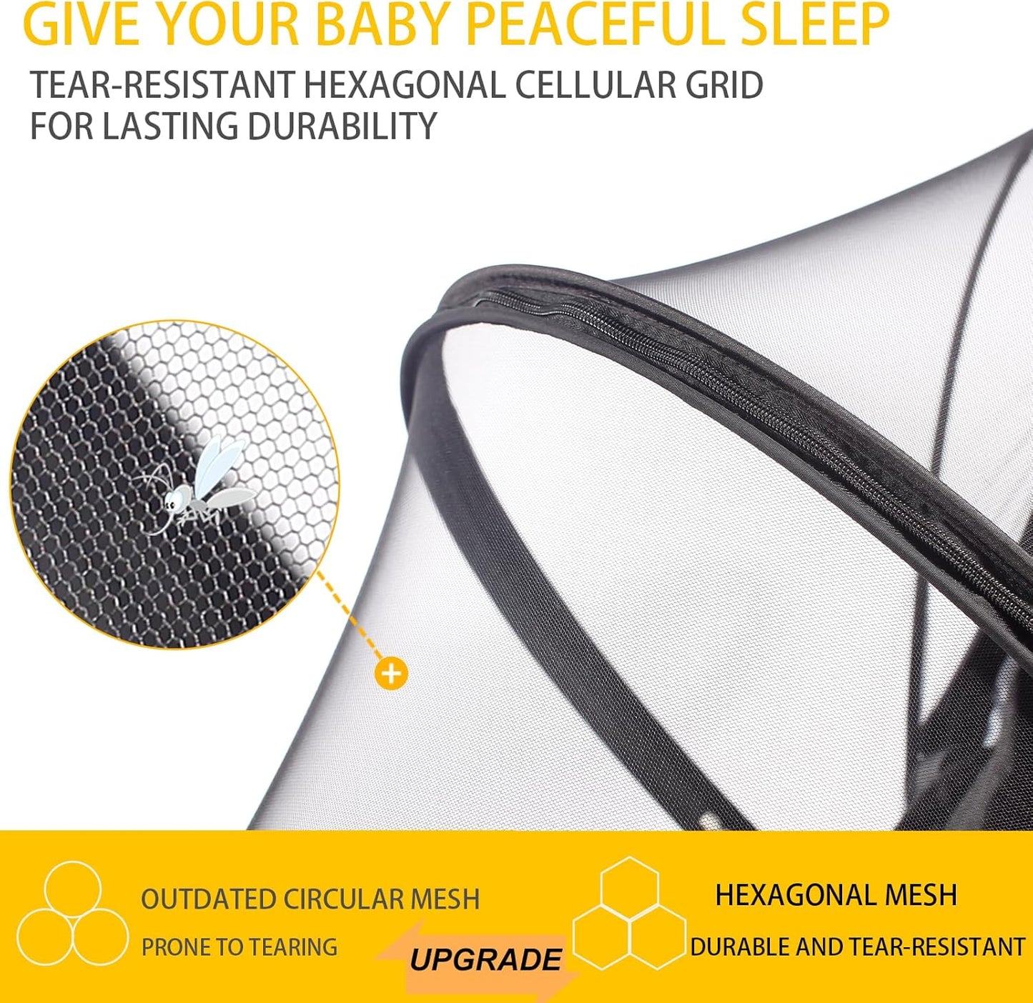 Mosquito Net for Stroller, Universal 3D Baby Bug Net with Two-Way Zippers & Storage Bag, Breathable & Foldable Netting for Stroller, Bassinet,Cradle（Black）