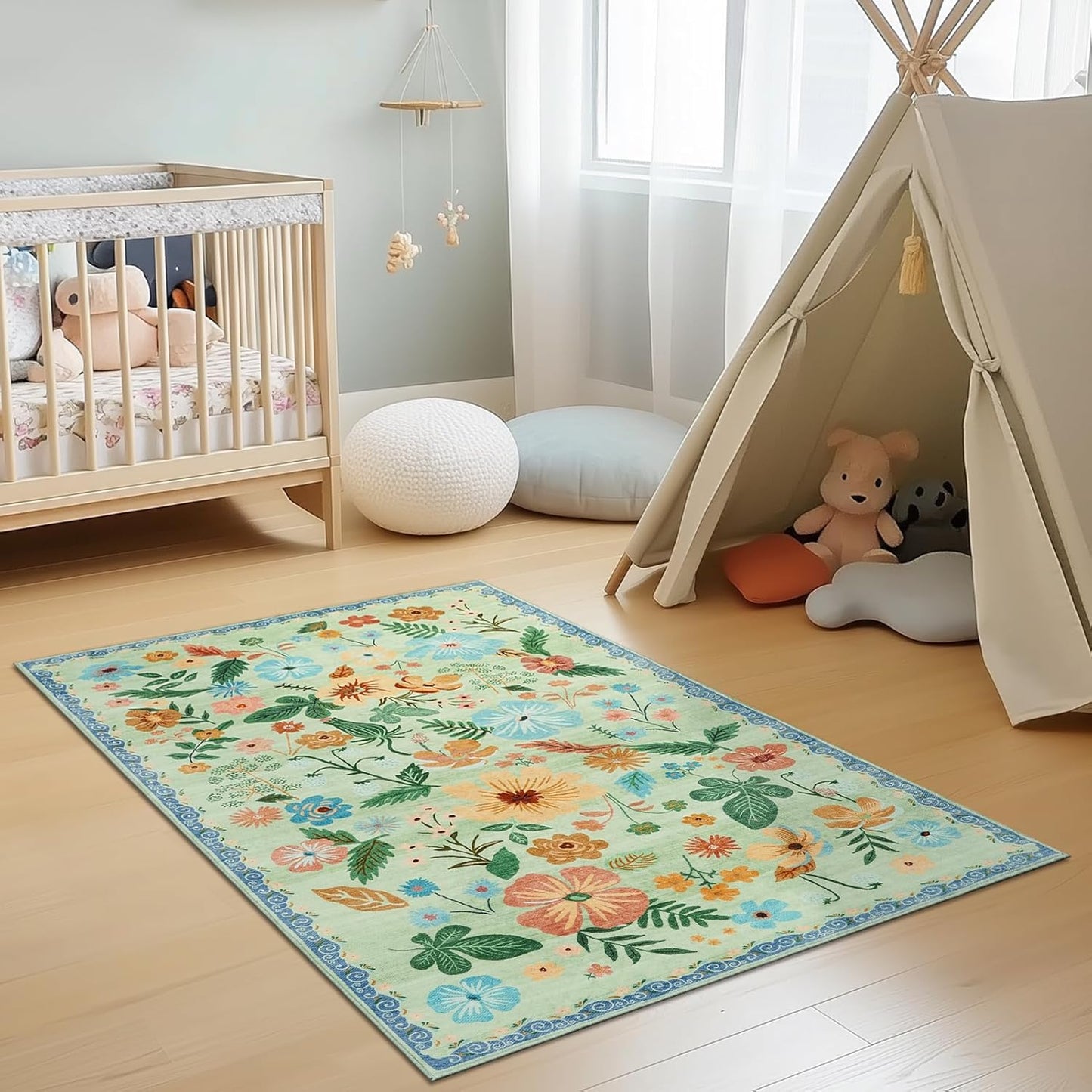 3x5 Rug for Living Room Washable Non Slip with Rubber Backing Soft Faux Fur Low Pile Stain Resistant Small Area Rug 3x5 Boho Vintage Floral Carpet Rug for Bedroom Kitchen Entrance，Green