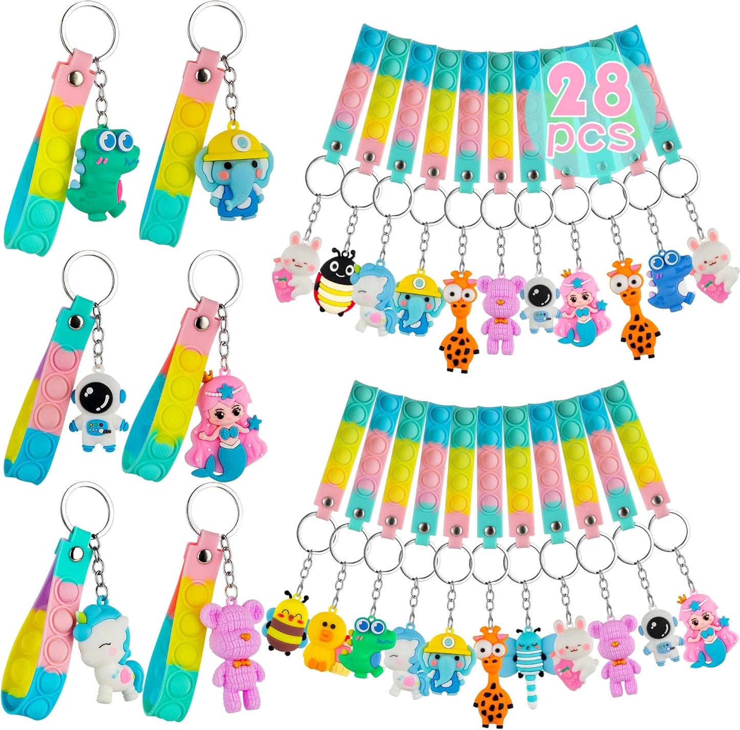 28 Pack Pop Fidget Toys Bulk Keychain for Kids,Mini Pop its with 3D Animal Cute Keychains for School Classroom Gifts,Party Favors for Kids