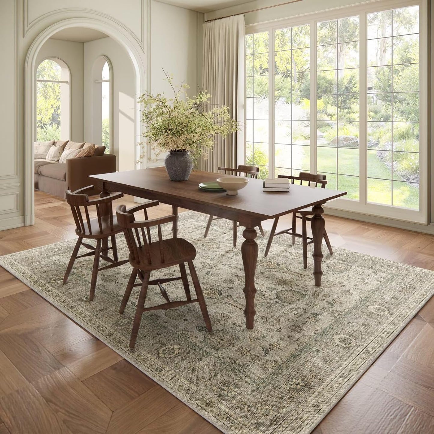 Washable 6x9 Area Rugs for Living Room, BoHo Non-slip Silicone Backing Large Rug for Bedroom Dining Room Nursery Office, 0.3" Neutral Oriental Throw Carpet with 0.16" Cushioning Pad, Light Brown/Multi