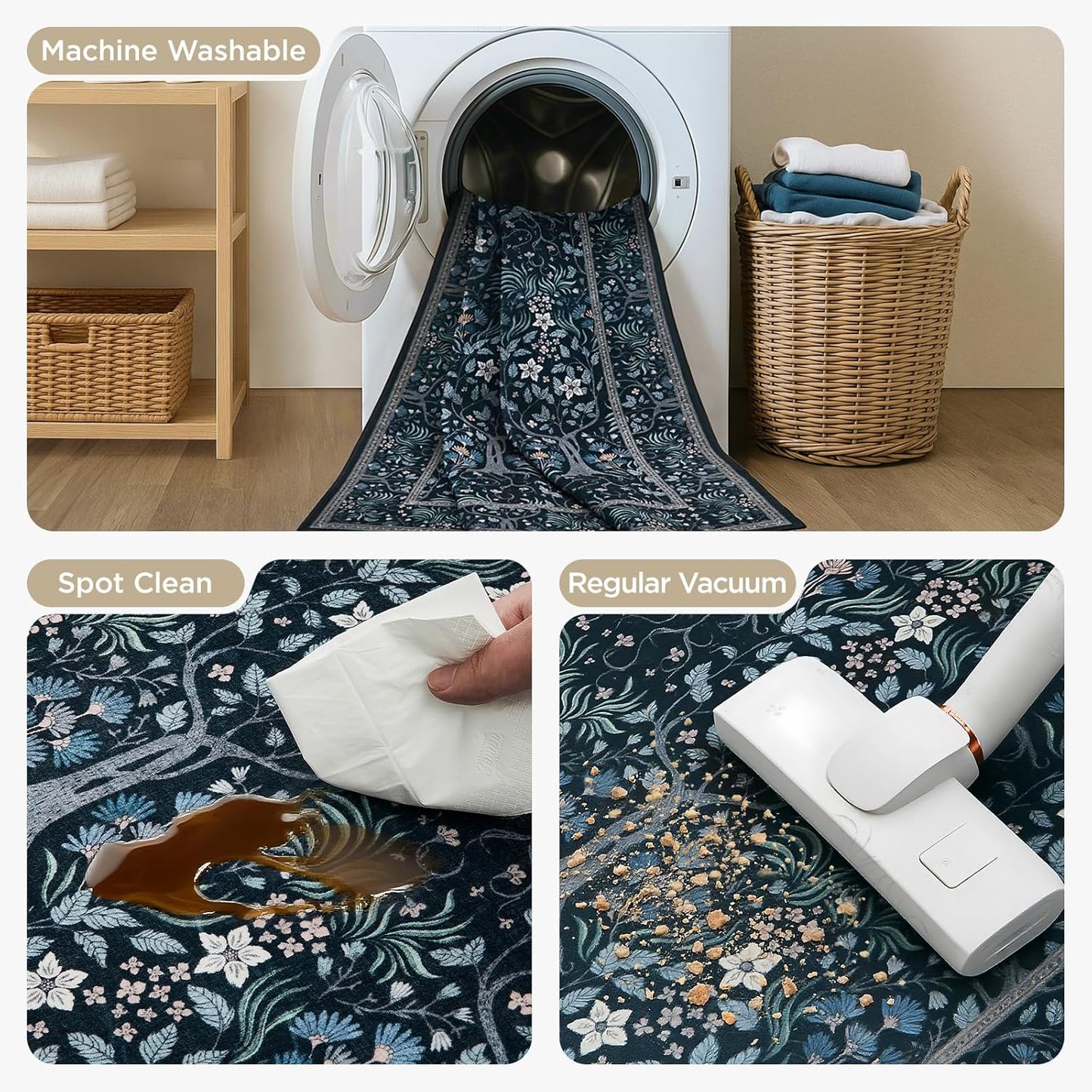 Joydeco Floral Washable Runner Rug for Kitchen, Forest Hallway Rug Runner 2x6 Non Slip, Boho Botanical Ultra-Thin Soft Indoor Floor Throw Carpet for Bathroom Entryway Foyer, Blue-Black