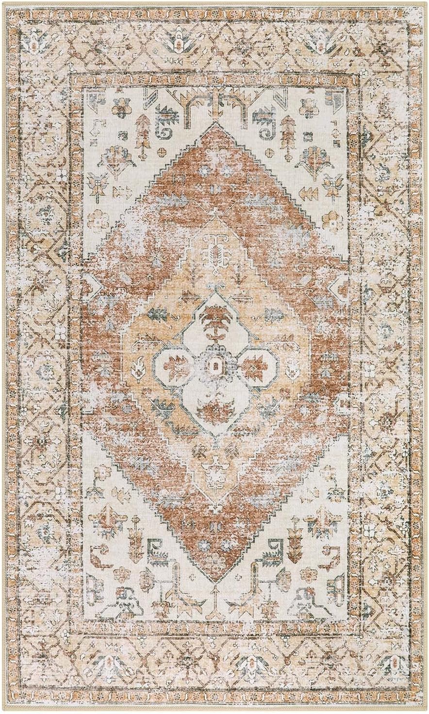 Lahome Boho Washable Living Room Area Rug 3x5 Throw Non-Slip Rugs for Bedroom Aesthetic Lightweight Thin Entry Rug Kitchen Rugs Oriental Distressed Print Capet for Office Bathroom Laundry Room