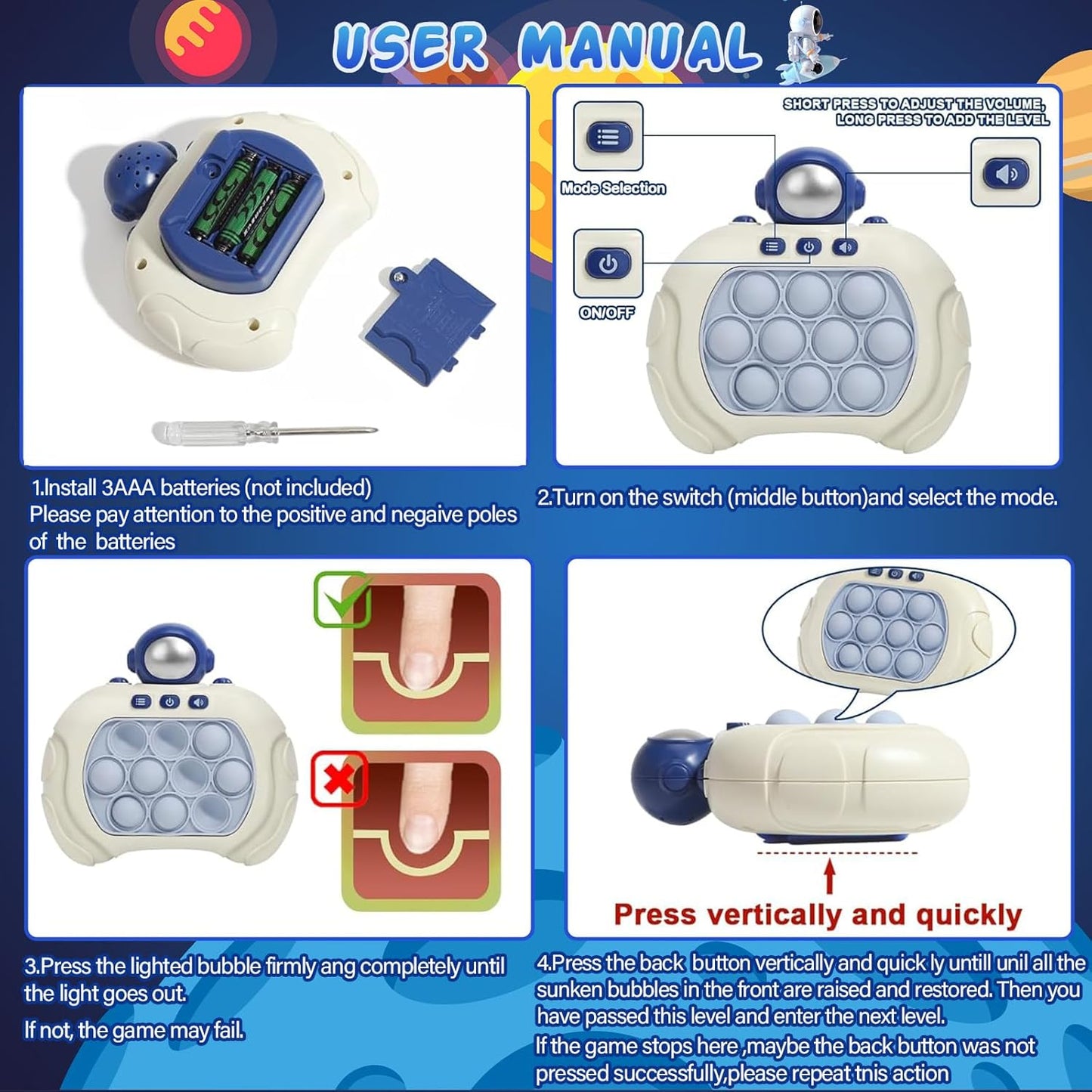 Toymaker Quick Push Game Console Handheld Game Toys Puzzle Popping Press Toy Interesting Push Bubble Fidget Stress Relief Toys Birthday Presents for 3+ Years Old Kids (Astronaut)