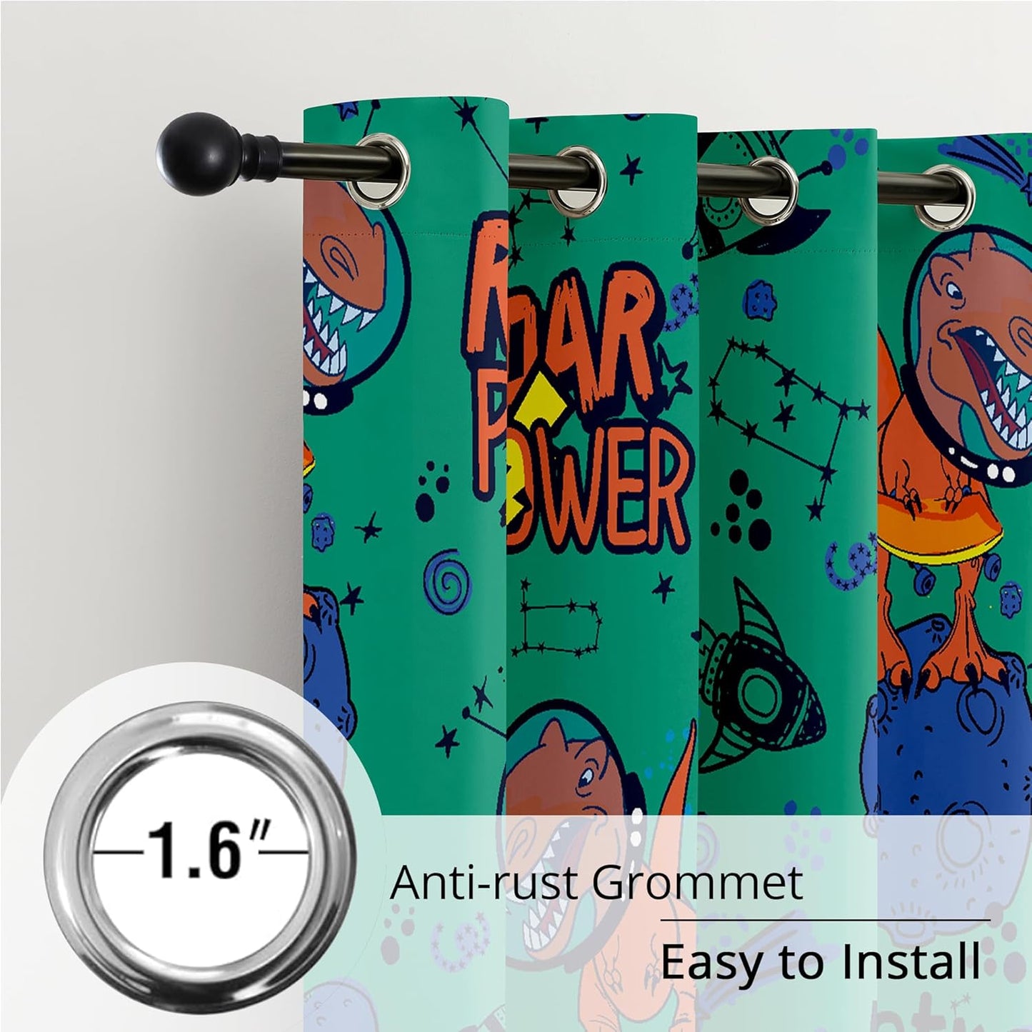 Kids Space Dinosaur Blackout Curtains - 100% Blackout, Thermal Insulated, Noise Reducing, Perfect for Kids Room and Nursery, 2 Panels (Roar Power Dino, W52×L63)