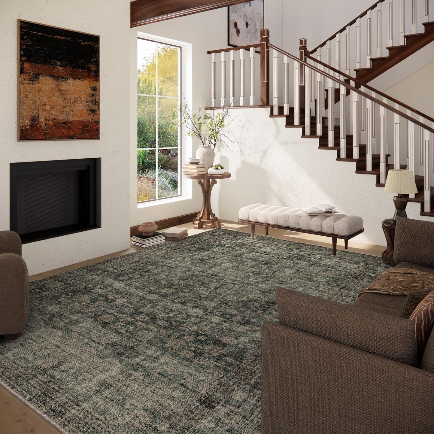 Washable Living Room Area Rug: 5x7 Rugs for Bedroom Vintage Stain Resistant Non Slip Low Pile Lightweight Boho Carpet for Kitchen Dining Room Farmhouse Kids Room Nursery