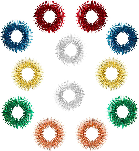 12 Pieces Fidget Rings Spring Acupressure Rings Sensory Rings Trichotillomania Fidget Toys Stress Relief Toys Set for Adults, Silent Stress Reducer (Red, Orange, Blue, Green, Silver, Gold)
