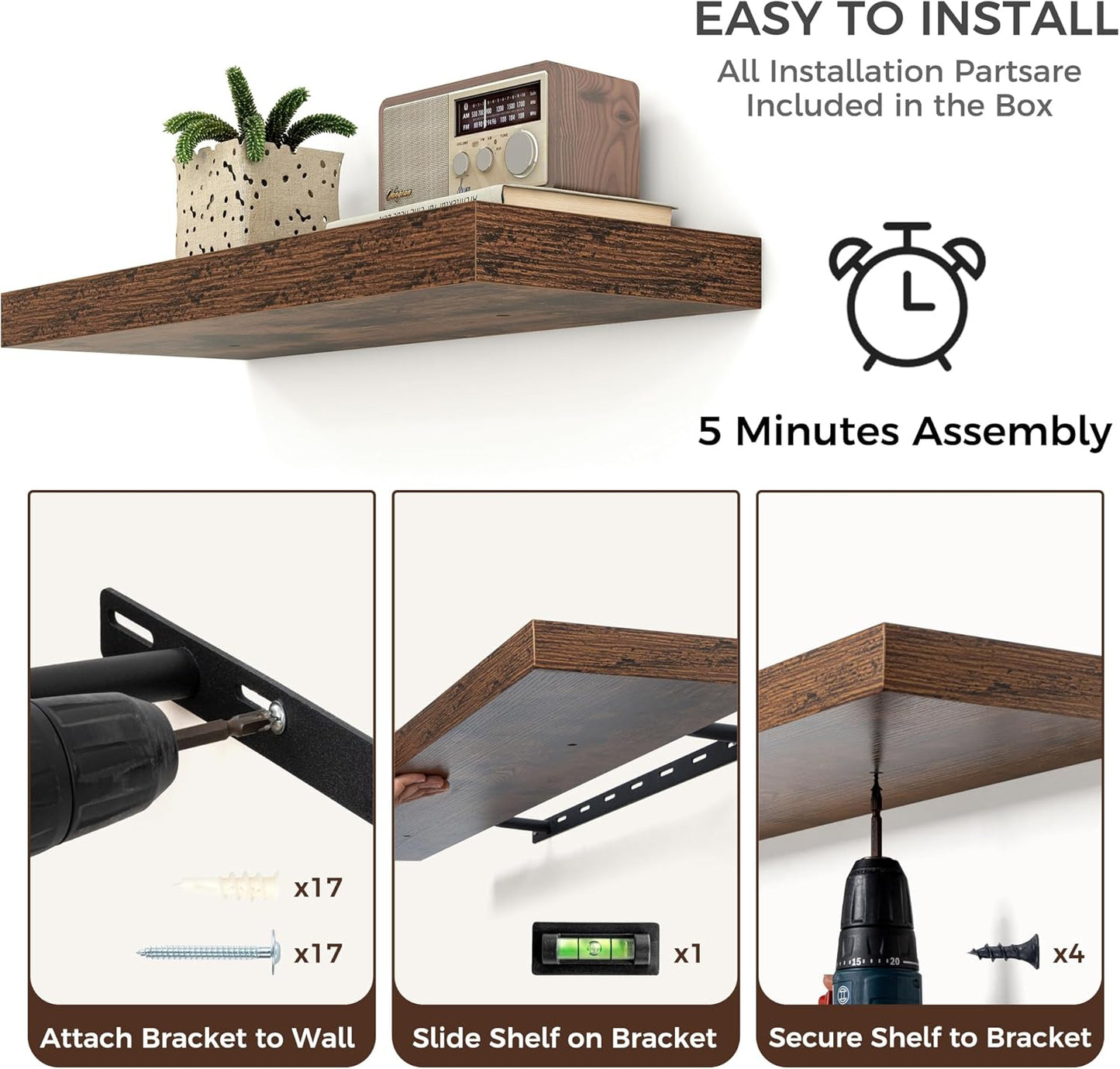 Floating Shelves for Wall, Large Wall Mounted Shelves with Invisible Brackets, Long Wood Floating Shelf for Living Room, Bedroom, Kitchen, (Brown, 72" W x 9" D x 1.5" H)