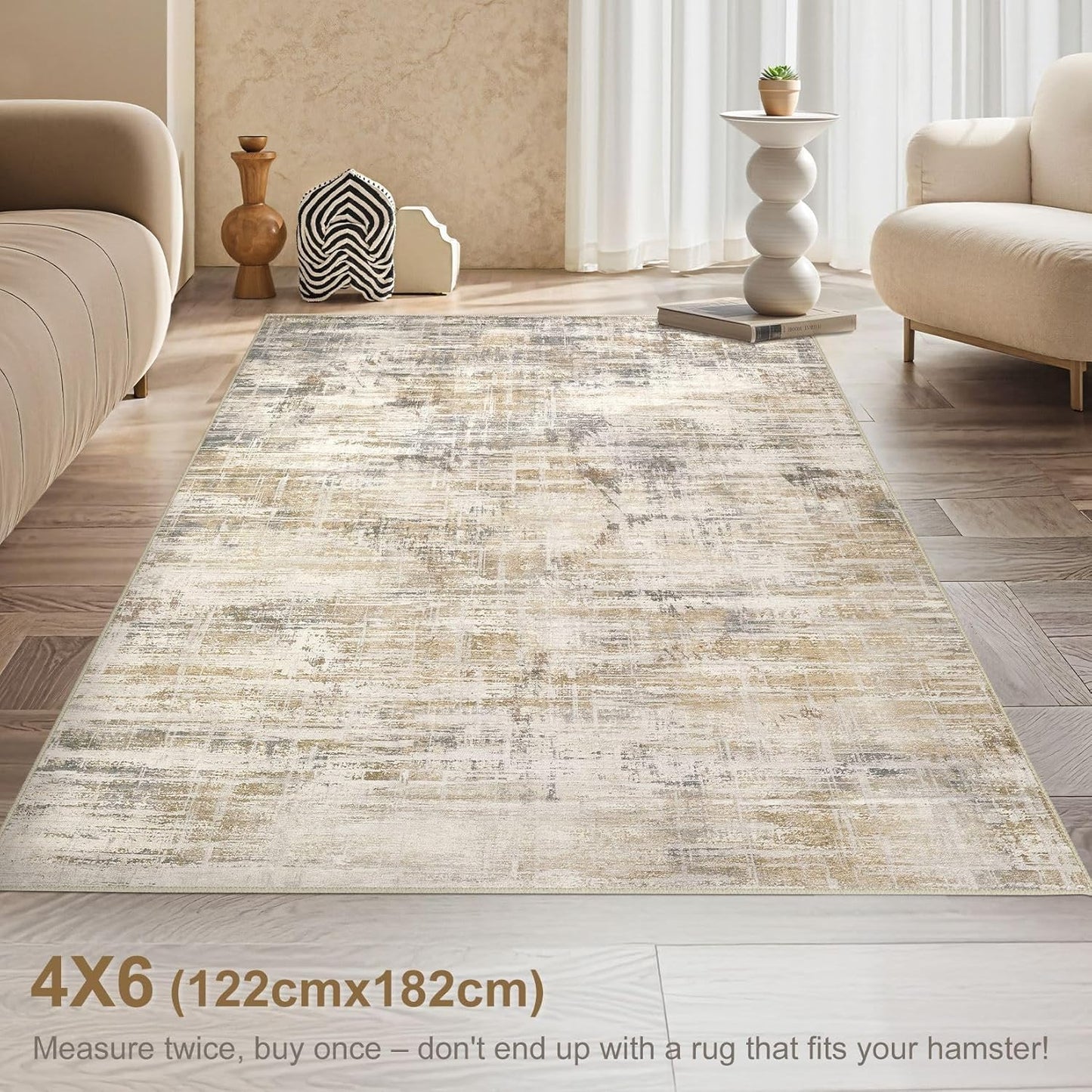 Area Rug for Living Room: 4x6 Washable Neutral Abstract Modern Soft Rugs Non Slip Indoor Floor Stain Resistant Carpet for Bedroom Dining Room Office Nursery - Golden Brown