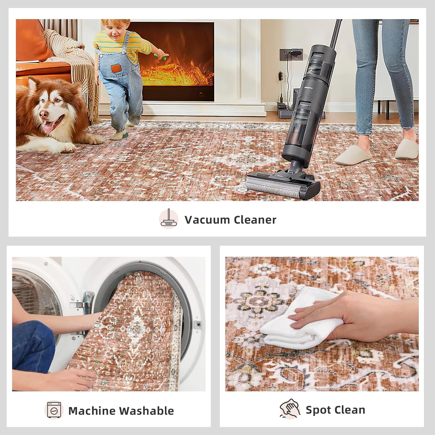 Deerly Washable Rug Small 2x3 Area Rug for Entryway Indoor Kitchen - Soft Rugs Low Pile Non-Slip Rubber Backing Oriental Indoor Area Rug (Border Brick Red ), 2'x3'