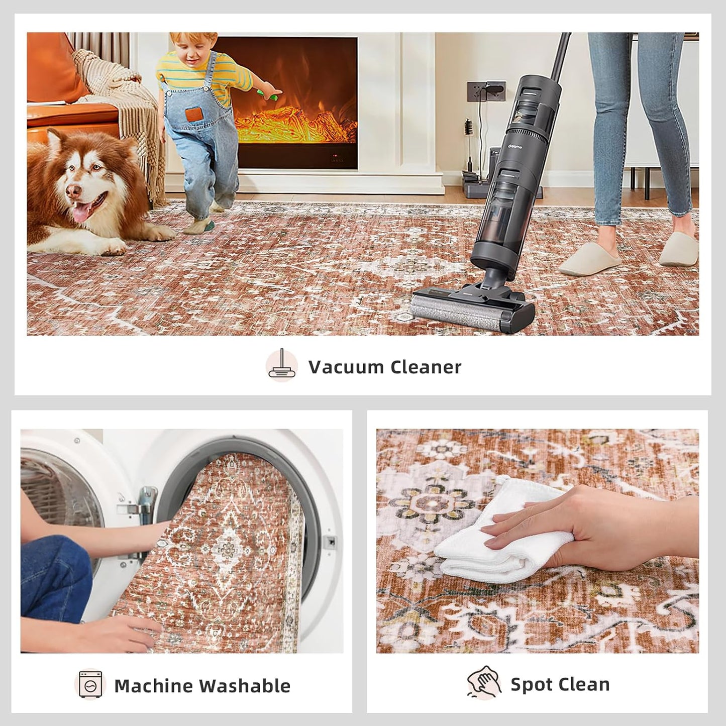 Deerly Large 5x8 Rugs for Dining Room Machine Washable Rugs Boho 5x8 Rug for Living Room Carpet Non-Slip Family & Pet Friendly Area Rugs Print Floor Rug(Border Brick Red 5x8ft)