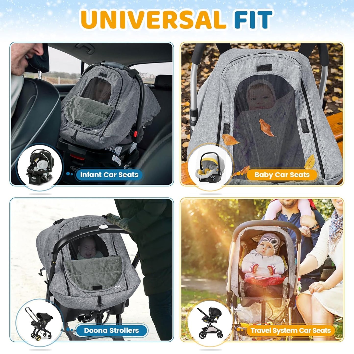 Orzbow Winter Car Seat Cover for Babies, Waterproof Carseat Canopy Cover with Peep Window of Breathable Mesh, Warm and Cozy Baby CarSeat & Carrier Covers for Cold Weather, Machine Washable, Light Grey