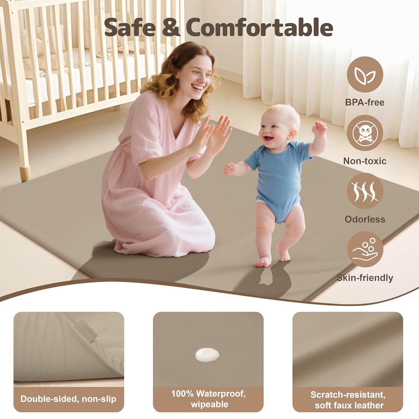 Baby Play Mat 47x47 Inches, Extra Thick 1.2" Foam Floor Mat for Tummy Time & Crawling, Waterproof Non-Slip Faux Leather Playpen Mat for Infants Toddlers, Indoor Outdoor Gym Activity, Brown