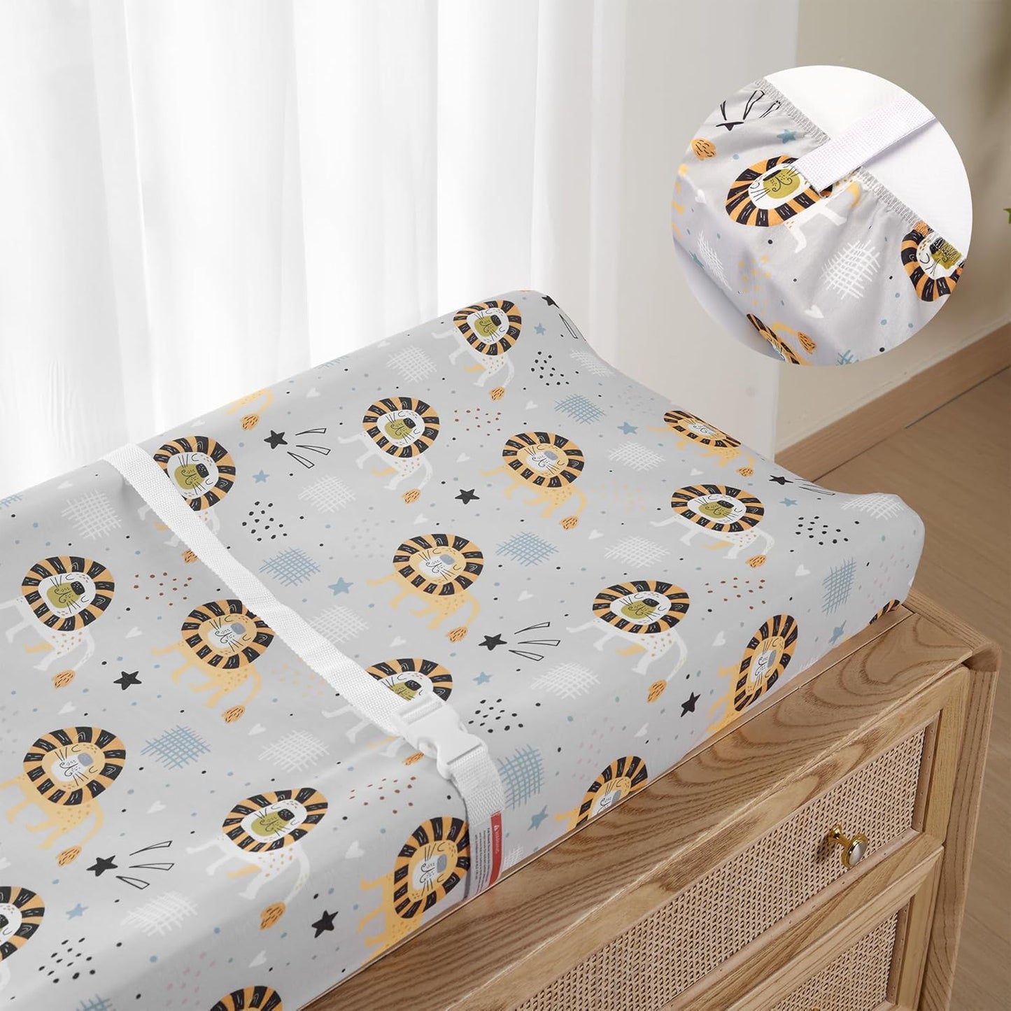 TILLYOU Changing Pad Cover Set in Soft Jersey Material - Fits 32"/34''x16 Contoured Pad for Babies, Lion's Paradise and Grey