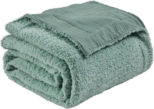 EMME Muslin and Fleece Twin Blanket Reversible - 60"*80" Teal Soft Warm Throw Blankets for Couch Bed Picnic Travel Bed