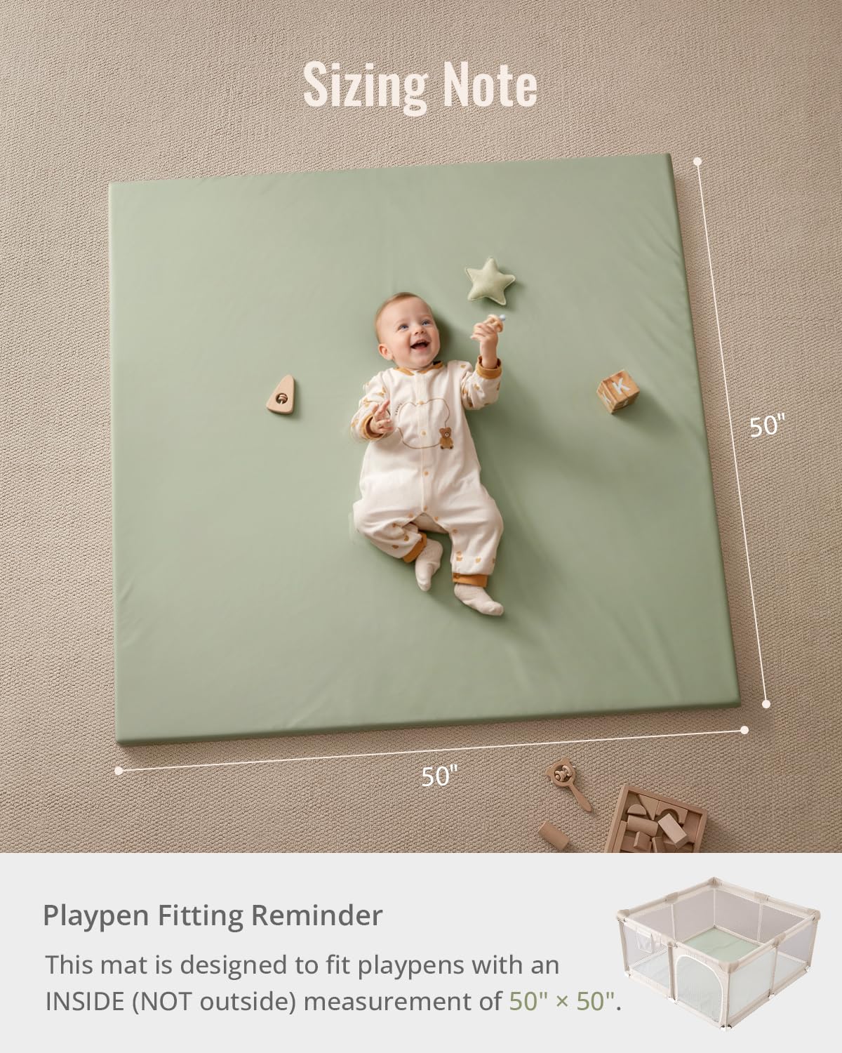 Blissful Diary Vegan Leather Baby Play Mat, 50x50 Thicken Foam Cushioned & Waterproof Playpen Mat for Infants and Toddlers, Stylish and Just Wipe-Clean Playmat for Baby Play on Floor, Light Green