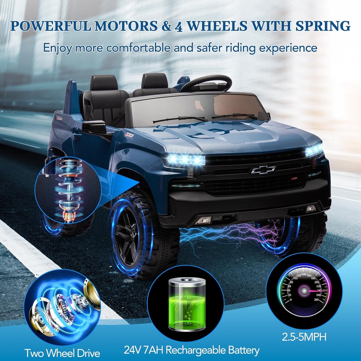 Hetoy 24V 2-Seater Truck Licensed Chevrolet Silverado Ride On Car Toy w/Parent Remote Control,4xSpring Suspension, 3 Speeds, Wireless Music, MP3 Player, Electric Vehicle Car for Kids, Blue
