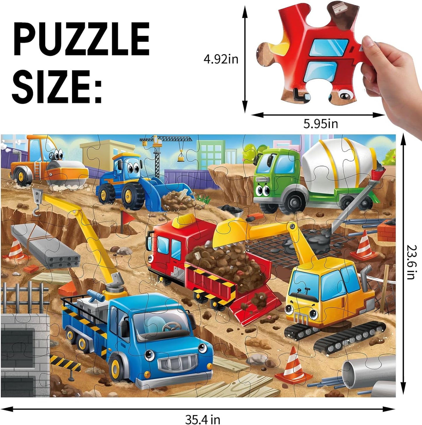 Jumbo Floor Puzzle for Kids,Construction Site Jigsaw Large Puzzles,48 Piece Construction Vehicle Puzzle for Toddler Ages 3-5,Children Learning Preschool Educational Toys,Gift for 4-8 Years Old