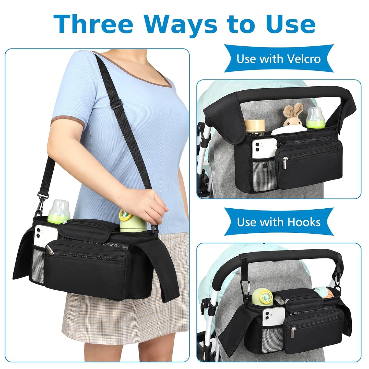 Accmor Universal Stroller Organizer with Insulated Cup Holder Detachable Phone Bag and Shoulder Strap,Stroller Bag Caddy Organizer Fits for Uppababy, Baby Jogger, Britax Strollers