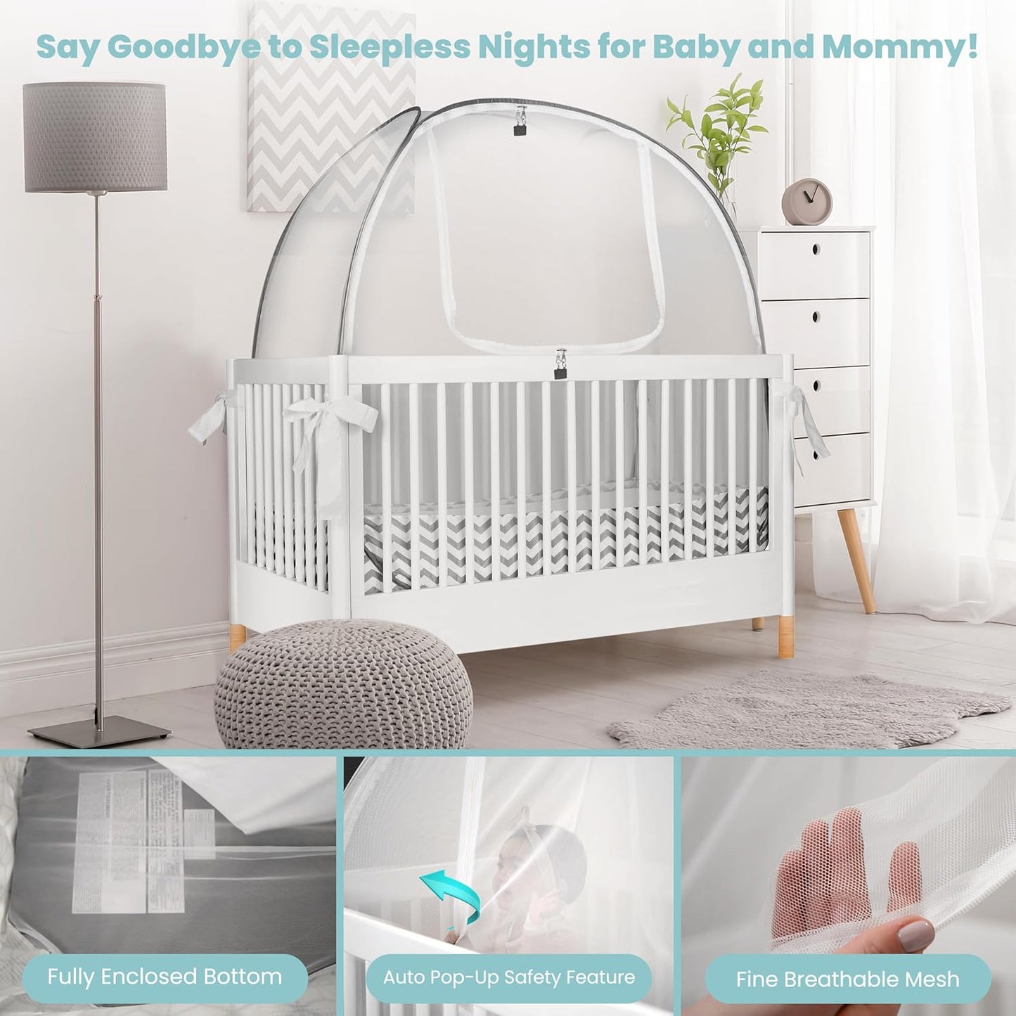 Breathable Mesh Crib Tent to Keep Baby from Climbing Out, Crib Net Canopy with Auto-Lock Zipper and Safety Latch, Crib Net to Keep Baby in, Crib Cover for Safety (Mosquiteros para Cunas de Bebes)