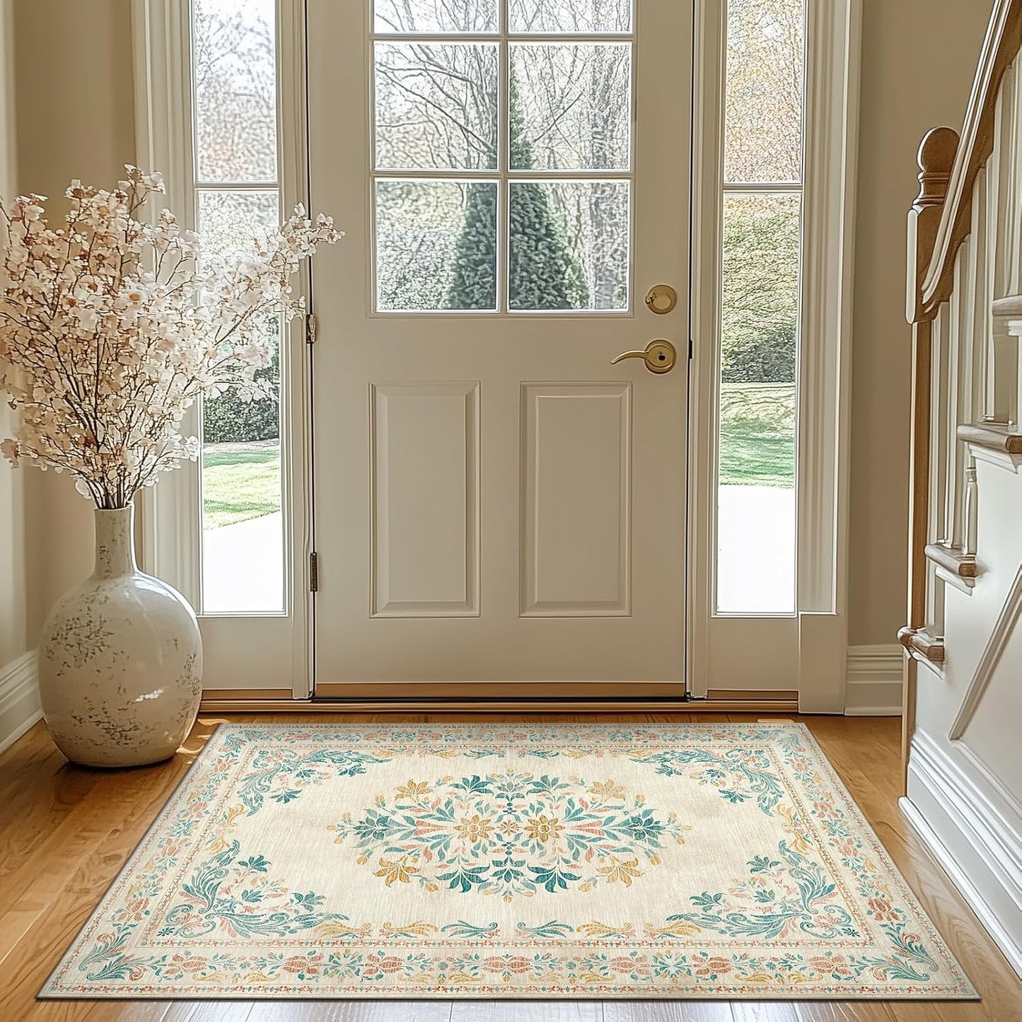 jinchan Vintage Floral 3x5 Area Rugs for Entryway - Machine Washable Distressed Design Ultra-Thin Low-Pile Soft Non-Shedding Carpet for Kitchen Bedroom Laundry Living Room (3x5ft,Apricot Multi)