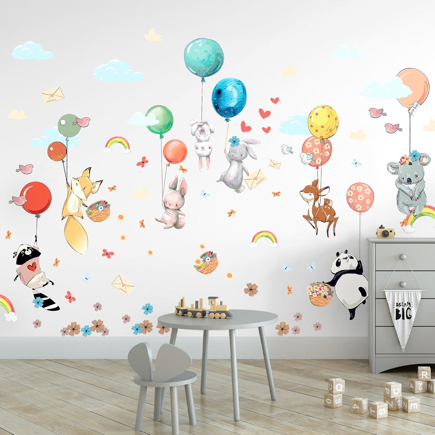 Hot Air Balloon Wall Decals by Lipastick - Peel and Stick Animal Stickers Raccoon, Fox, Koala, Panda for Kids Room, Nursery, Playroom, Bedroom - Playroom Wall Decals for Boys, Girls, Babies - M Size