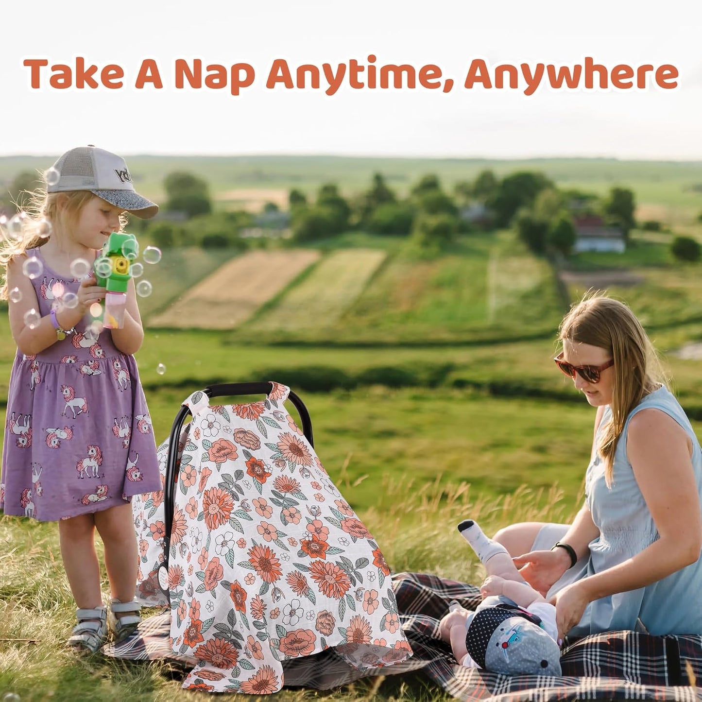 Rquite Car Seat Cover, Muslin Cotton Infant Car Seat Canopy, Breathable Baby Carrier Cover, Summer Stroller Sun Shade, Flower