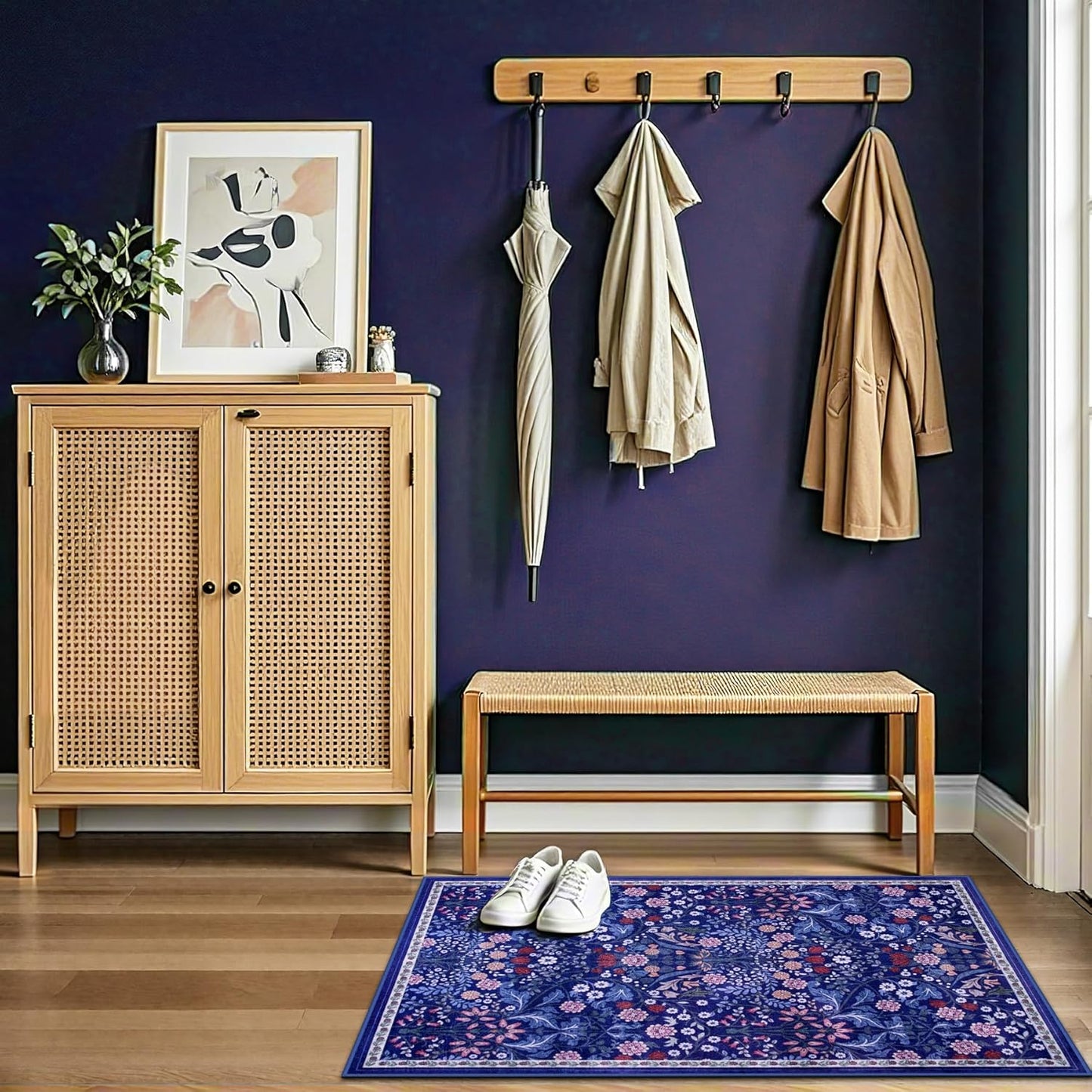 Entryway Rug 2X3 Small Rugs: Floral Washable Door Mat Vintage Soft Low Pile Non-Slip Kitchen Rugs Stain Resistant Indoor Throw Rug for Entrance, Bedroom, Kitchen, Laundry, Bathroom Blue