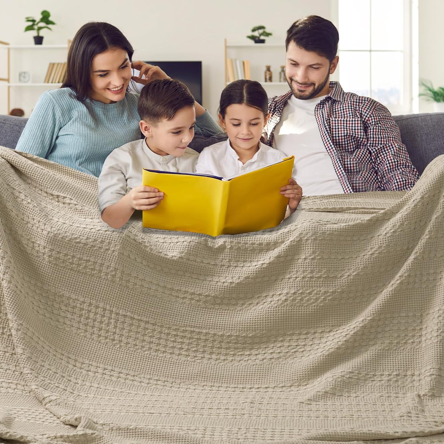 PHF 100% Cotton Waffle Blanket Oversized King 120"x120", Lightweight Breathable Extra Large 10'x10' Summer Blankets for Bed, Giant Big Luxury Aesthetic Woven Bedding for Home Decor, Khaki