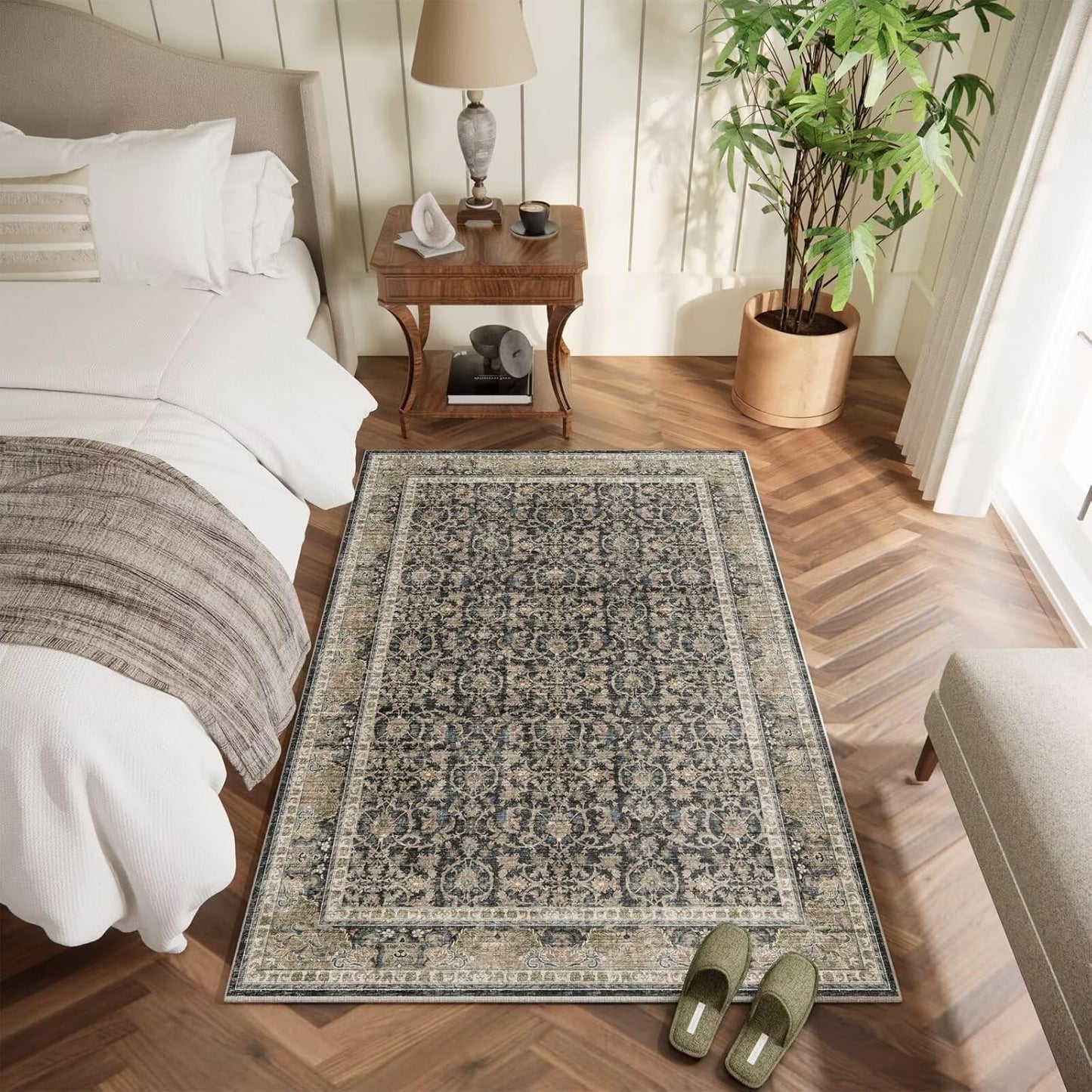 Washable 3x5 Entryway Rug Indoor, Boho Non-Slip Silicone Backing Small Rugs for Kitchen Nursery Office Bedroom, 0.3" Neutral Oriental Throw Carpet with 0.16" Cushioning Pad, Black/Multi