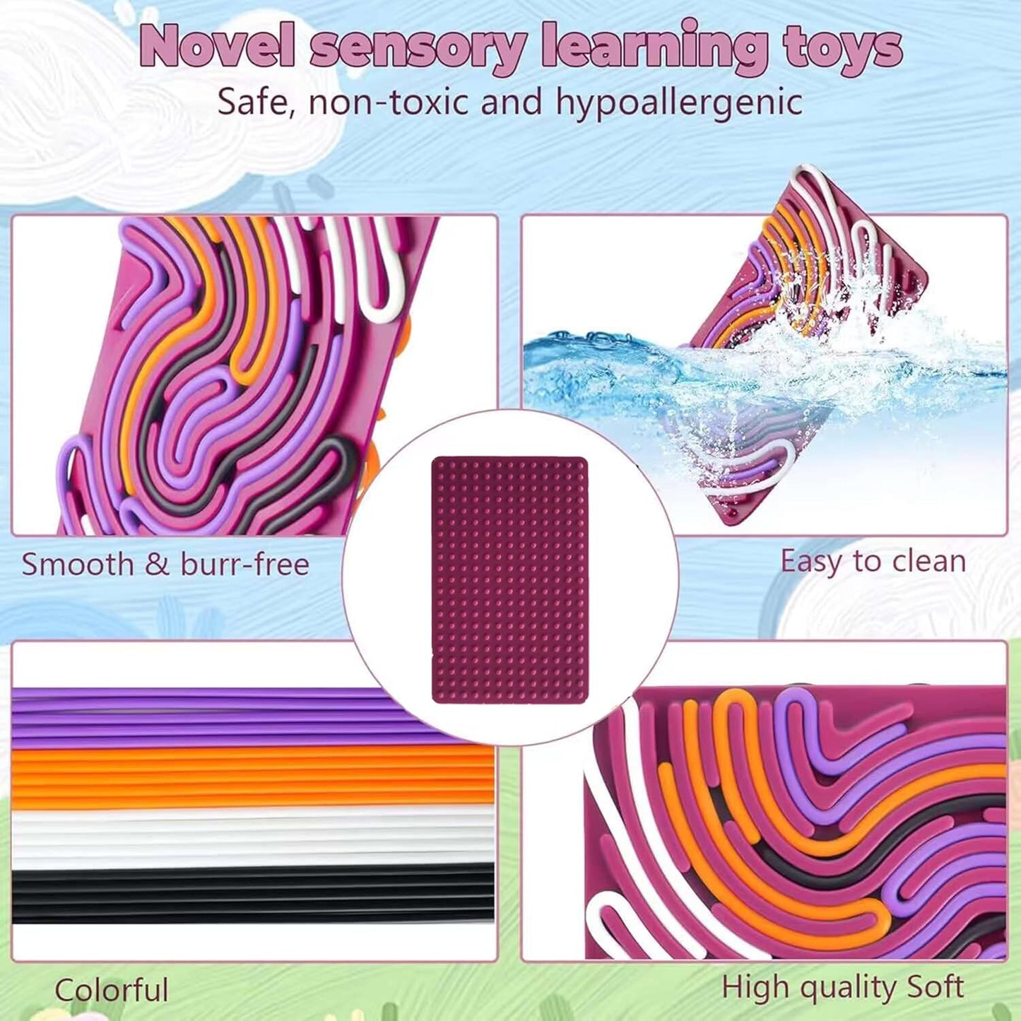 Sensory Activity Board,Double Side Silicone Calm Down Fidget Toy,Silent No Mess,Anxiety Relief Stress,ADHD & Autism,Portable with Travel Bag & 12 Strings (Purple)