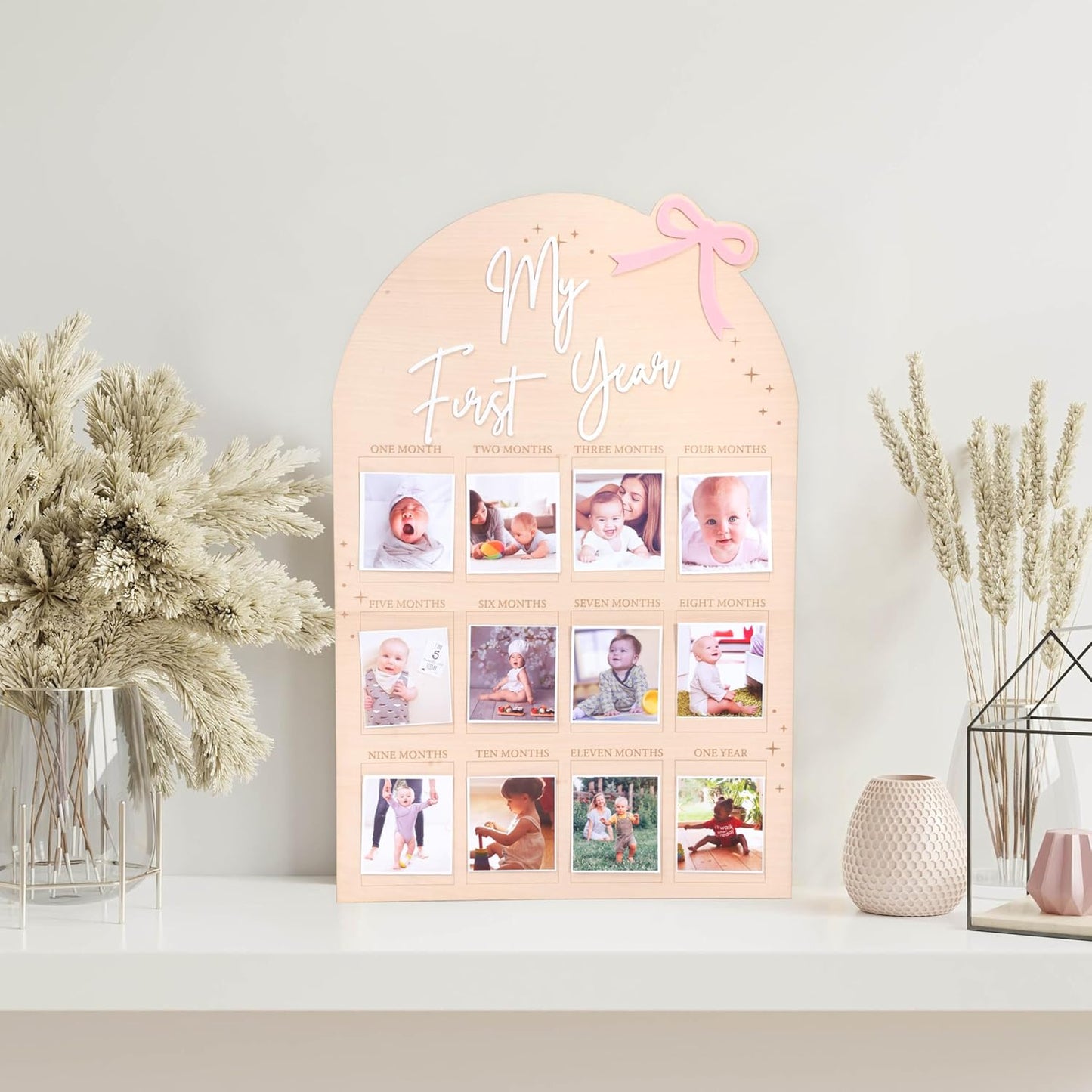 WAUAO Bow My First Year Birthday Board - One Year Of Photo Board,Monthly Milestone Wood Photo Board,First Birthday Decorations Girl,12 Months Photo Banner