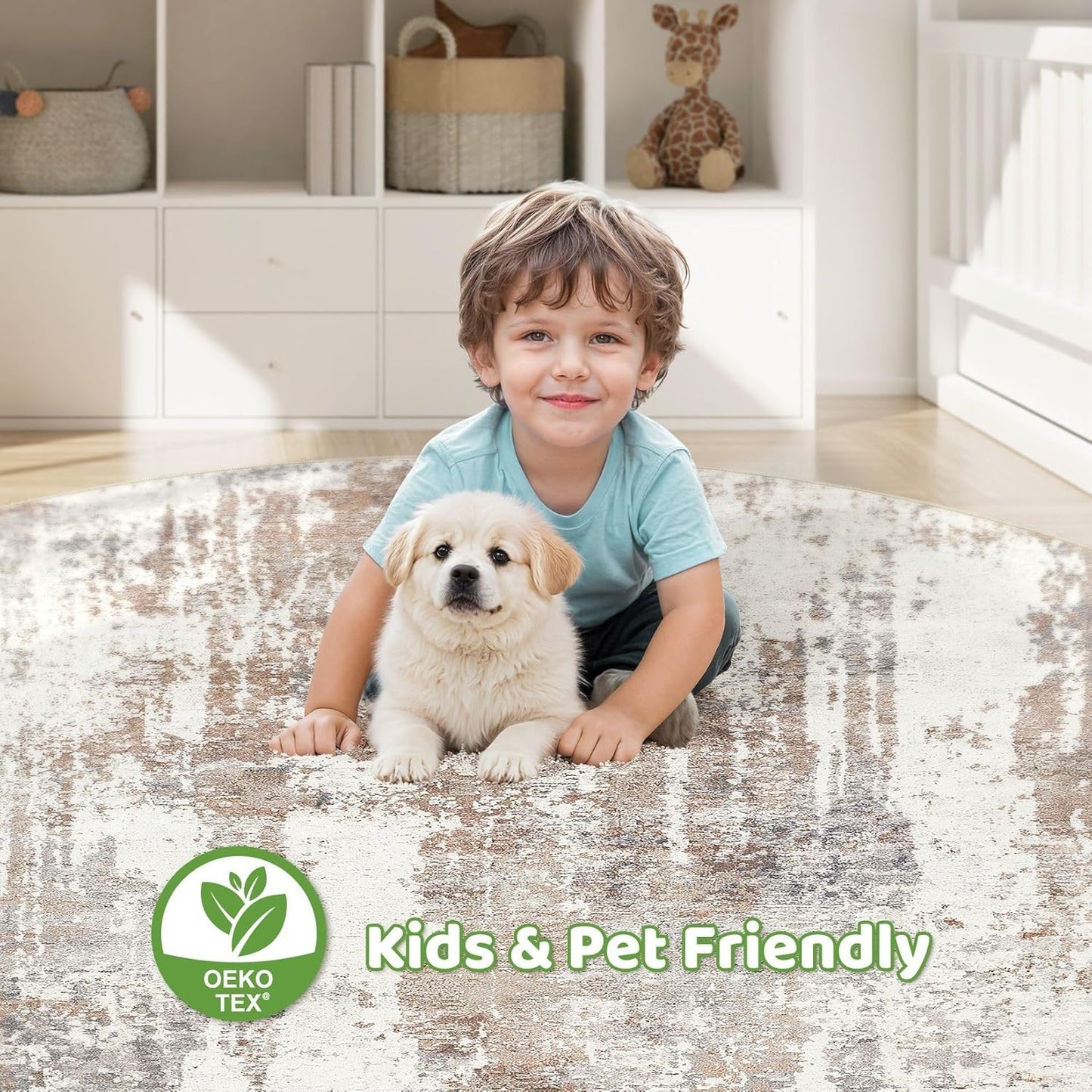 Round Rug Living Room Rugs: 10x10 Washable Circle Large Abstract Modern Soft Stain Resistant Non-Slip Indoor Floor Carpet for Bedroom Nursery Office Dining Room Playroom Home House Decor- Brown