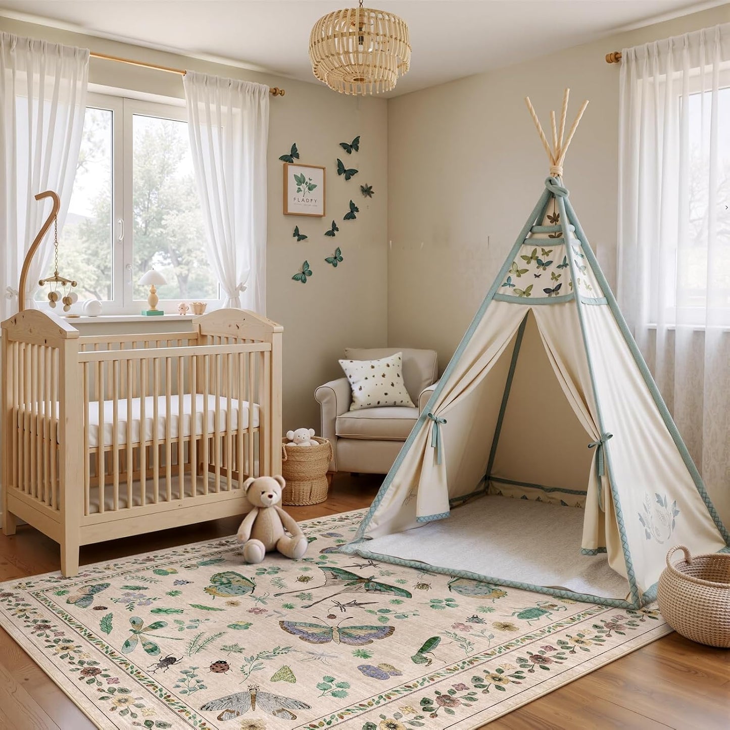 5x7 Washable Area Rug with Insect Print - Bug Rug Non-Shedding Stain Resistant Soft Carpet for Bedroom, Low Pile Ultra-Thin Machine Washable Carpet for Dining Room, Kids Nursery, Office (5'x7' Beige)