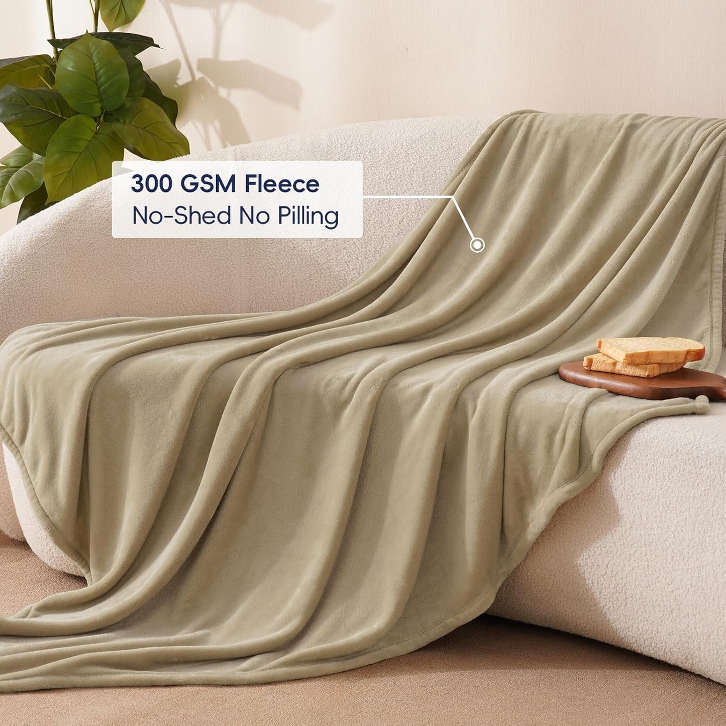 PHF Ultra Soft Fleece Throw Blanket, No Shed No Pilling Luxury Plush Cozy 300GSM Lightweight Blanket for Bed, Couch, Chair, Sofa Suitable for All Season, 50" x 60", Khaki