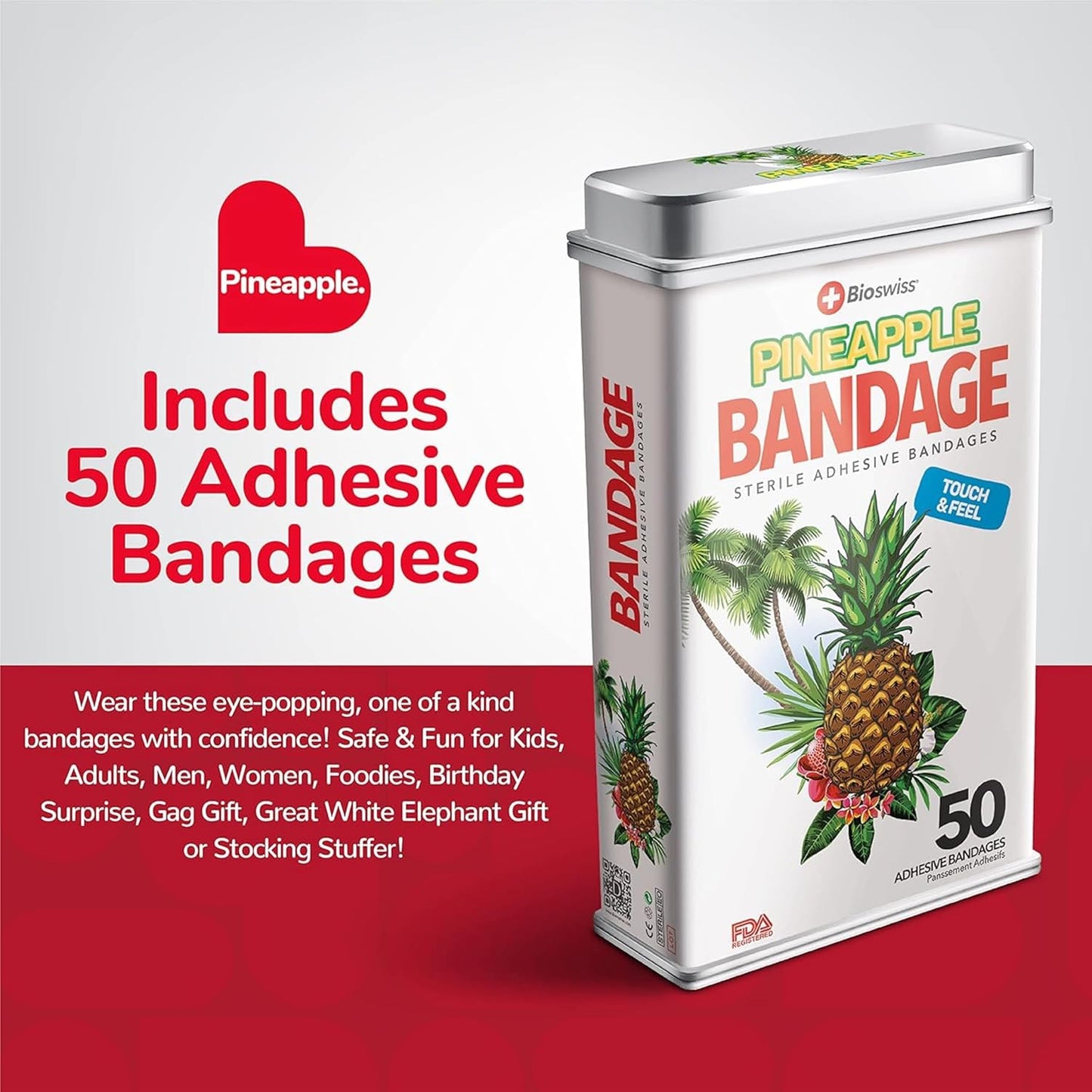 BioSwiss Bandages, Pineapple Shaped Self Adhesive Bandage, Latex Free Sterile Wound Care, Fun First Aid Kit Supplies for Kids, 50 Count