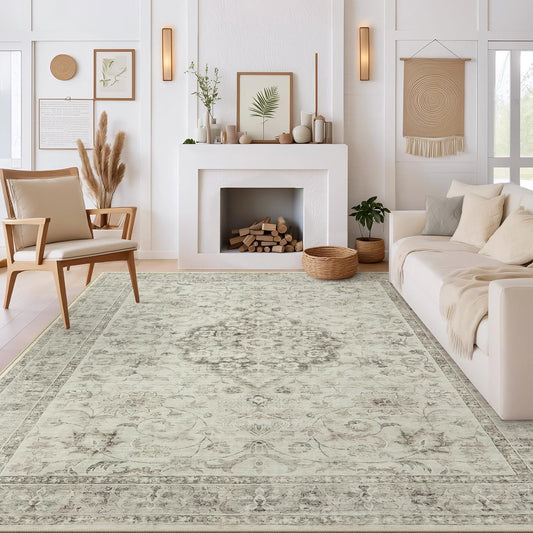 LIVEBOX Washable Area Rug 9x12 Rugs for Living Room Bedroom, Non-Slip Boho Indoor Carpet for Dining Room Office, Low-Pile Farmhouse Soft Carpets for Kids Nursery Room Playroom, Taupe