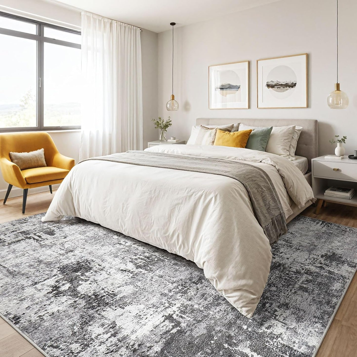 7x10 Area Rug Living Room: Washable Large Abstract Modern Soft Stain Resistant Indoor Floor Rugs Non Slip Accent Carpet for Bedroom Nursery Playroom Office Dining Room Dorm Home House- Black Grey