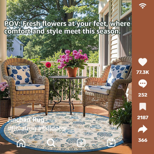 jinchan 5ft Floral Round Rug for Entryway Washable Kitchen Rug Vintage Romance Design Non Slip Indoor Doormat Lightweight Low-Profile Throw Carpet for Living Room Dining Room Bedroom, Blue/Beige